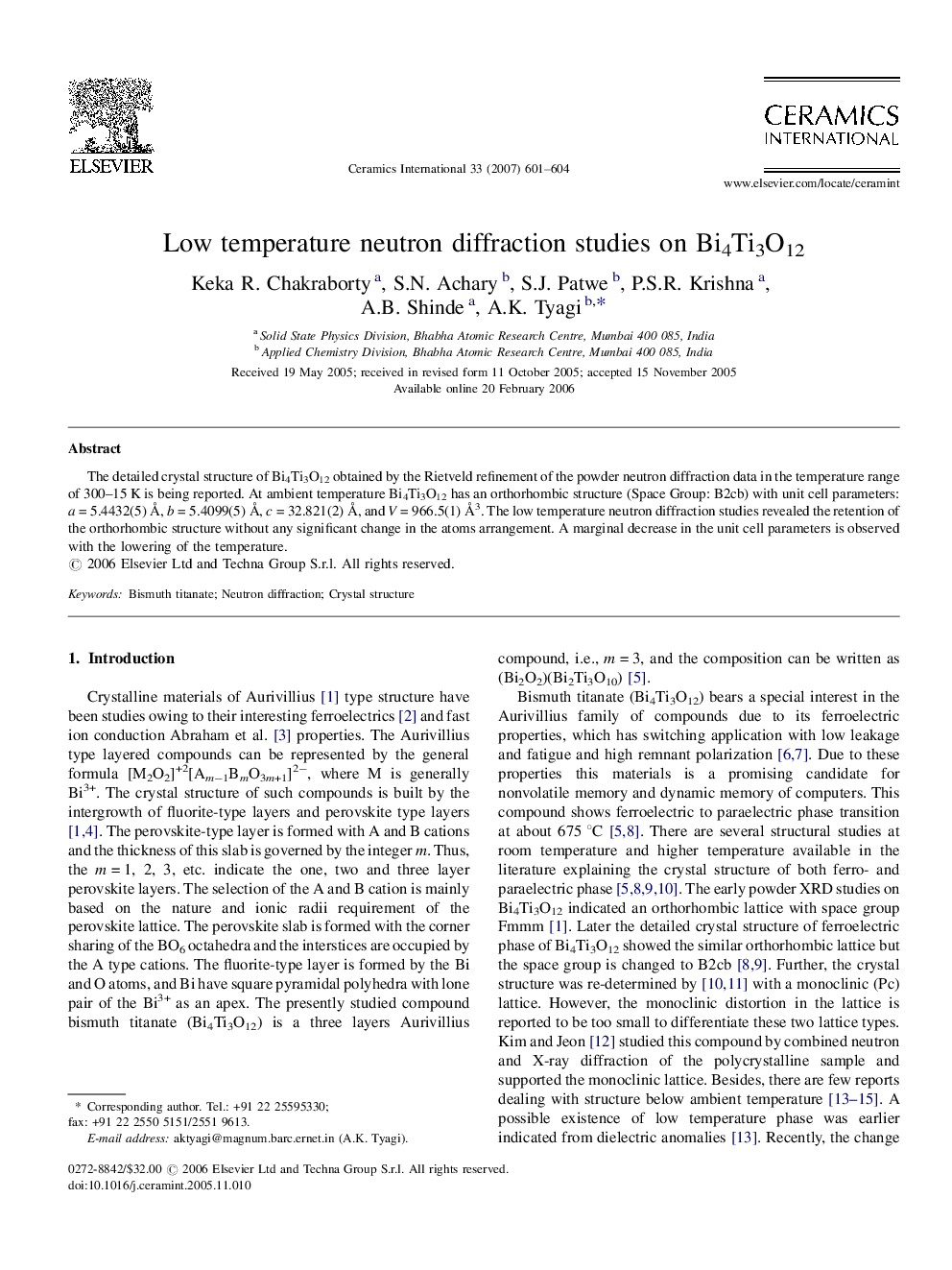 Low temperature neutron diffraction studies on Bi4Ti3O12