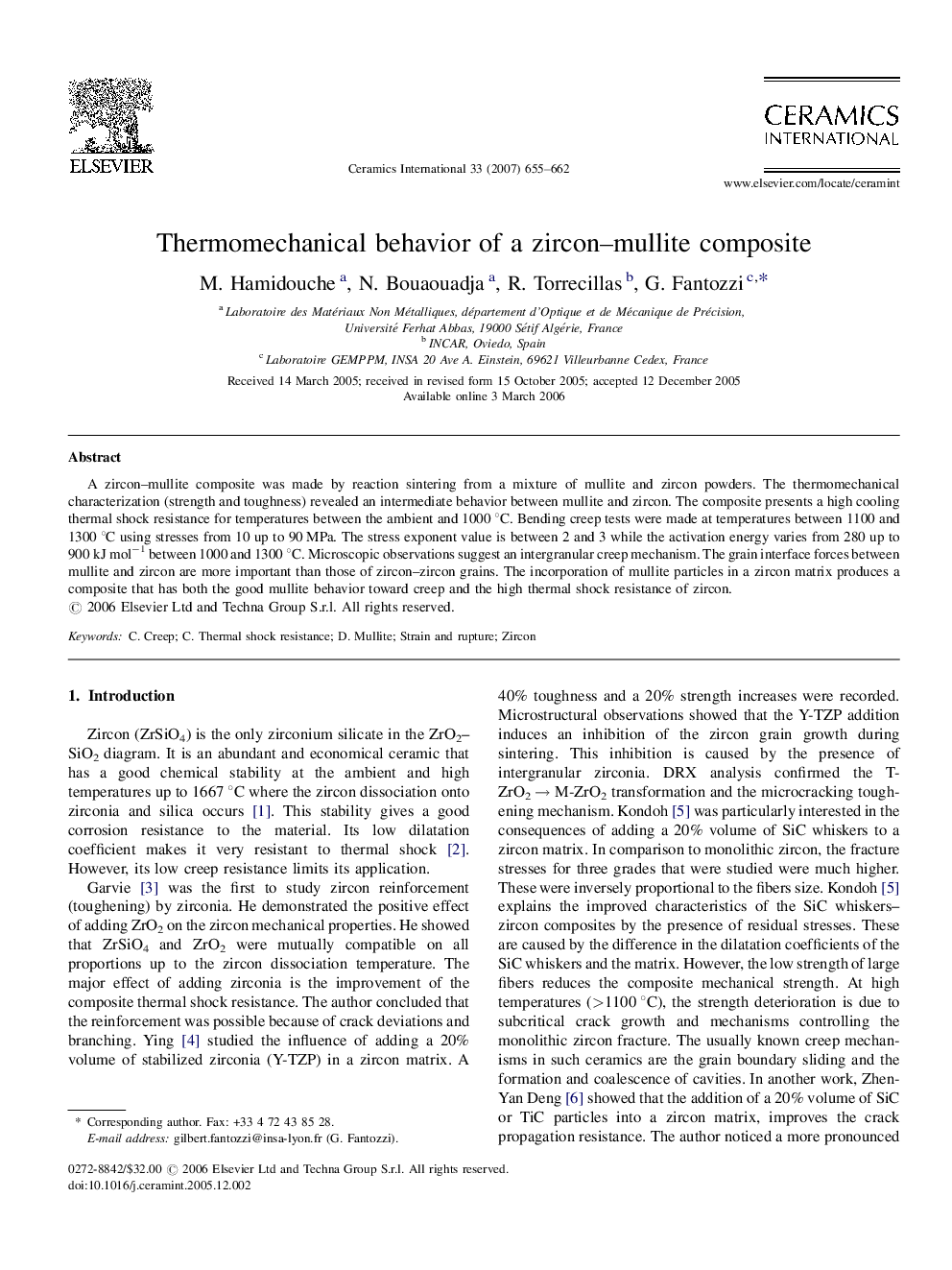 Thermomechanical behavior of a zircon-mullite composite