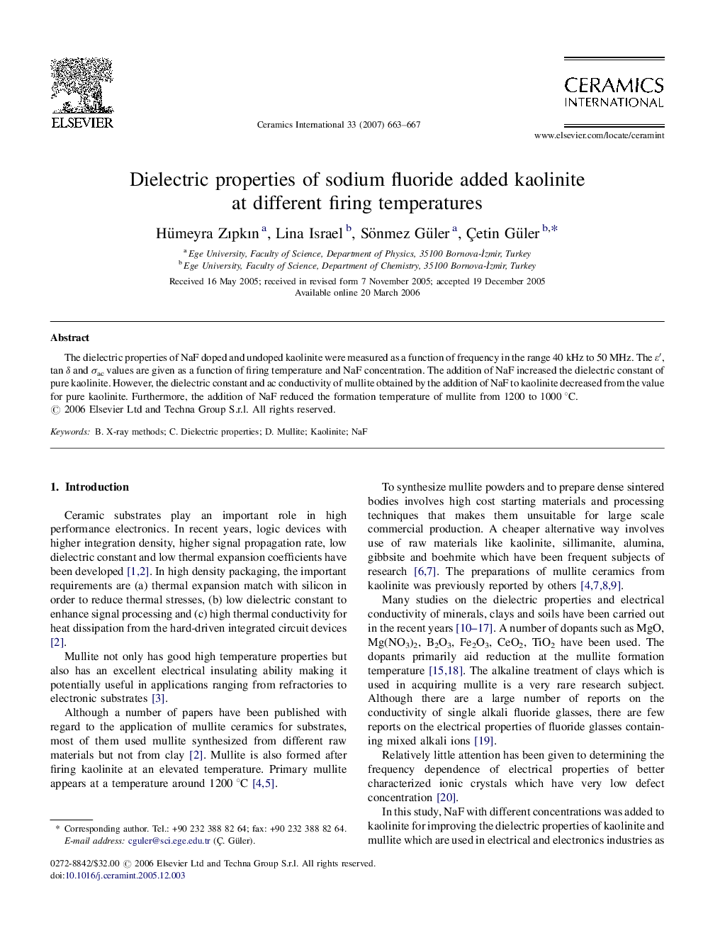 Dielectric properties of sodium fluoride added kaolinite at different firing temperatures