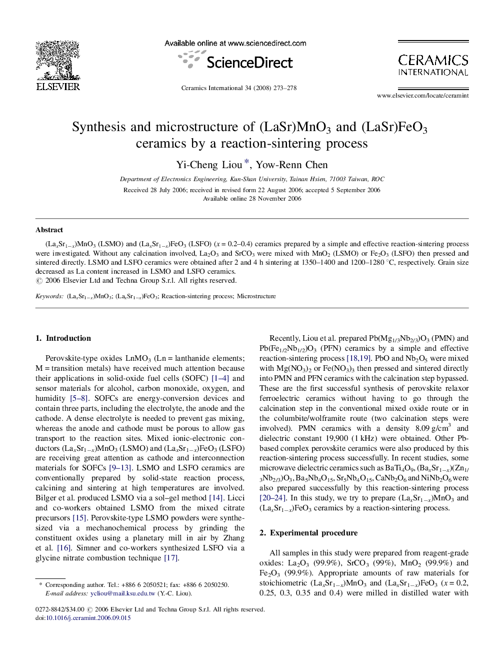 Synthesis and microstructure of (LaSr)MnO3 and (LaSr)FeO3 ceramics by a reaction-sintering process