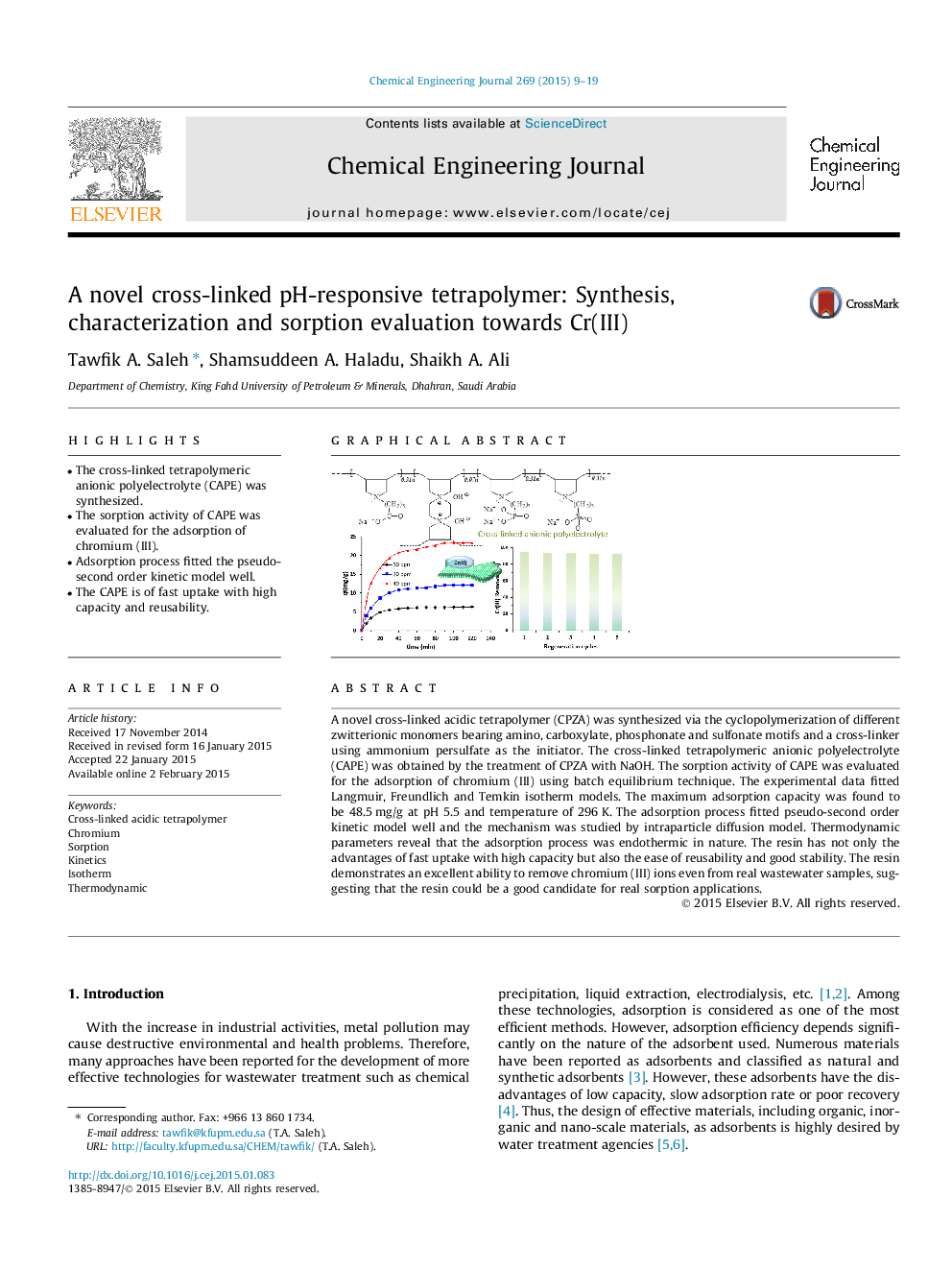 A novel cross-linked pH-responsive tetrapolymer: Synthesis, characterization and sorption evaluation towards Cr(III)