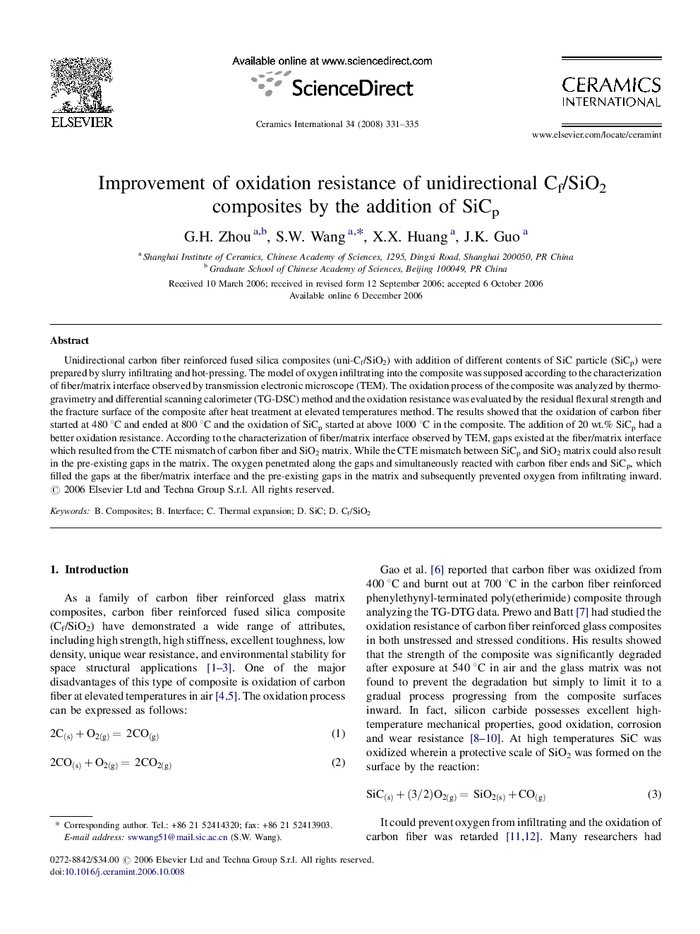 Improvement of oxidation resistance of unidirectional Cf/SiO2 composites by the addition of SiCp