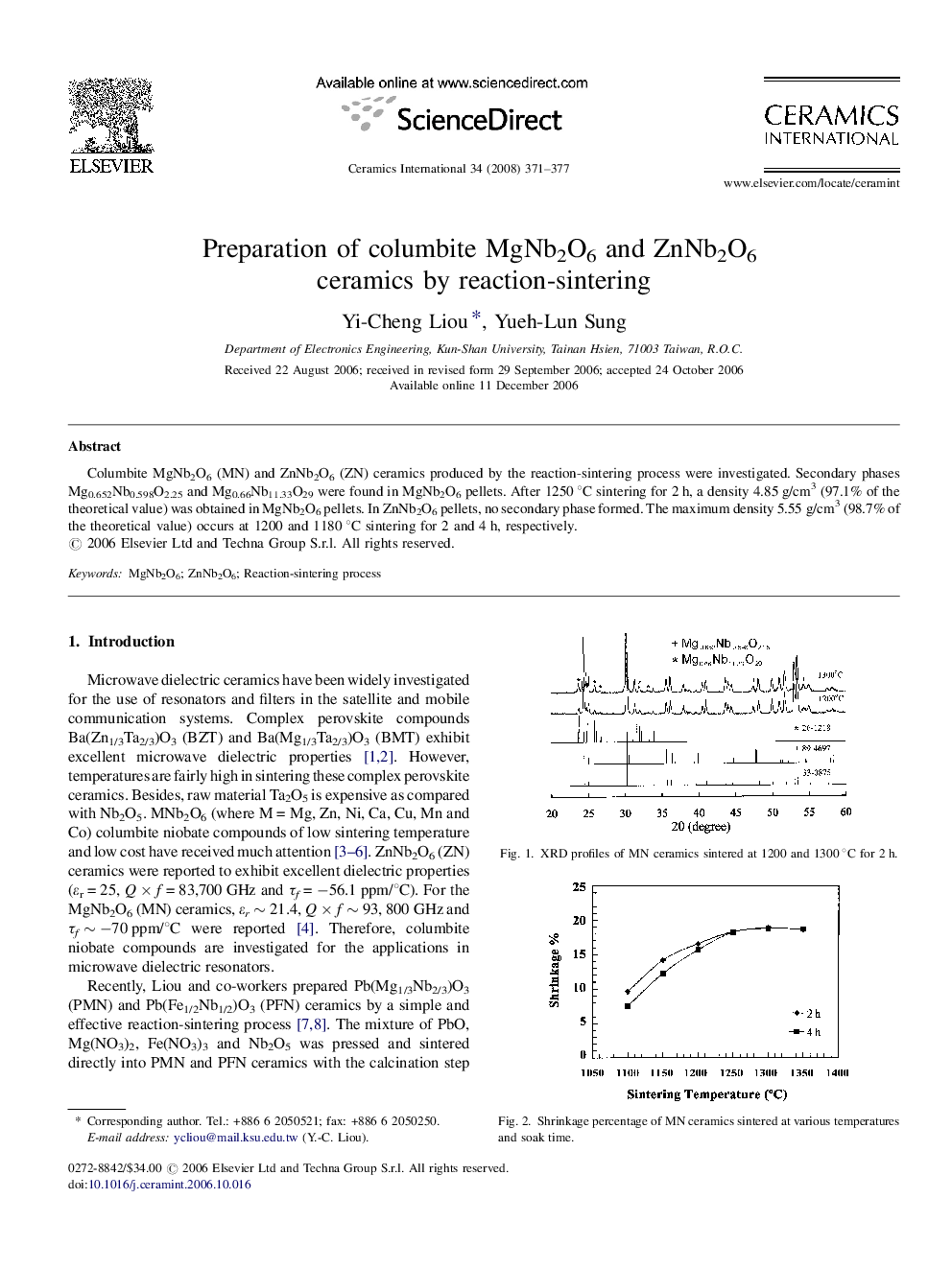 Preparation of columbite MgNb2O6 and ZnNb2O6 ceramics by reaction-sintering