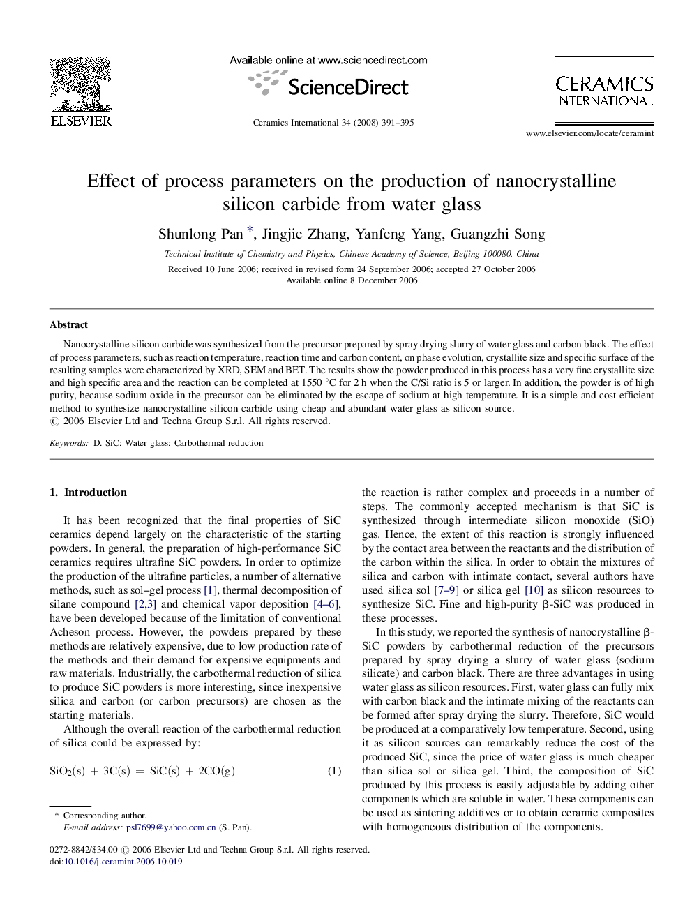 Effect of process parameters on the production of nanocrystalline silicon carbide from water glass