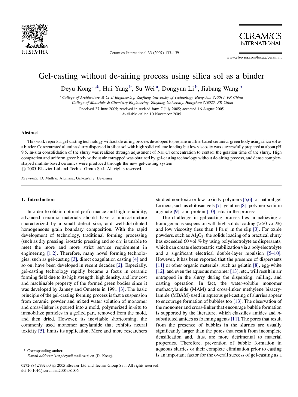 Gel-casting without de-airing process using silica sol as a binder