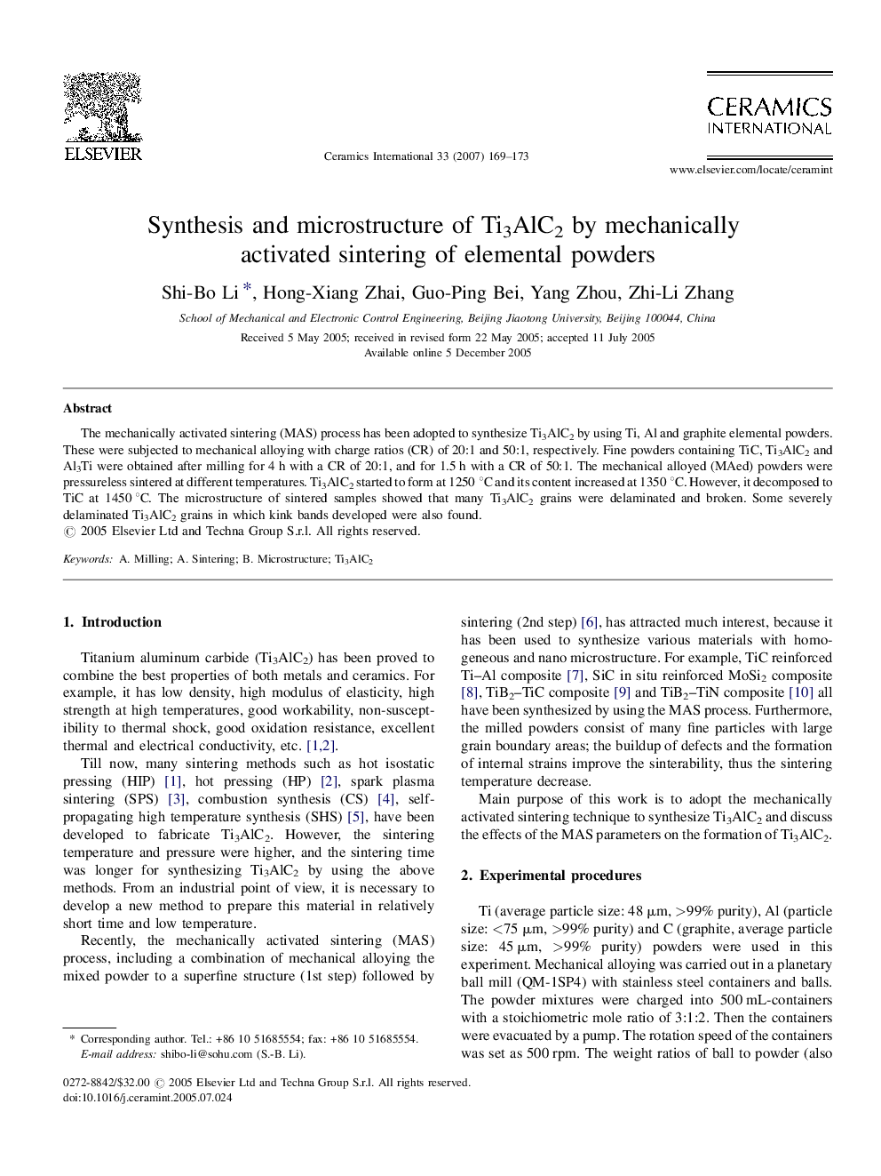 Synthesis and microstructure of Ti3AlC2 by mechanically activated sintering of elemental powders