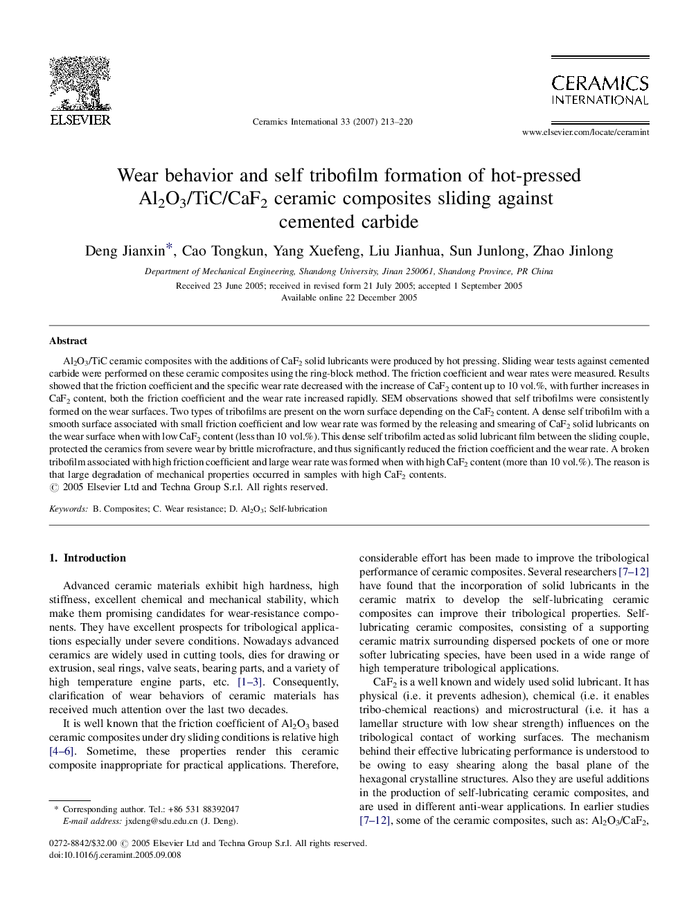 Wear behavior and self tribofilm formation of hot-pressed Al2O3/TiC/CaF2 ceramic composites sliding against cemented carbide