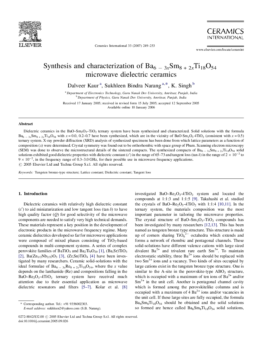 Synthesis and characterization of Ba6 − 3xSm8 + 2xTi18O54 microwave dielectric ceramics