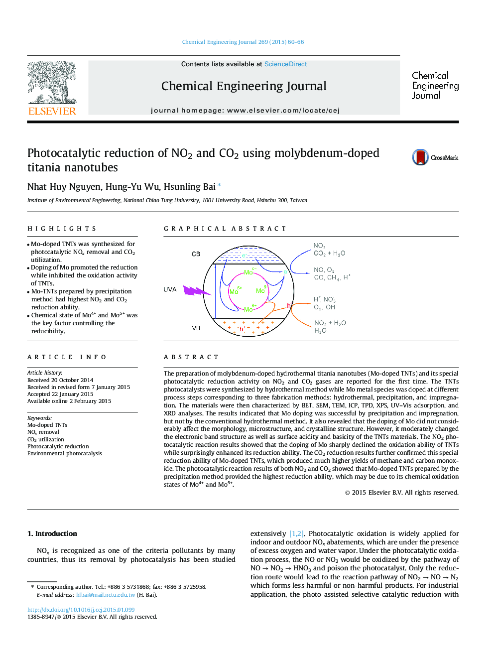 Photocatalytic reduction of NO2 and CO2 using molybdenum-doped titania nanotubes