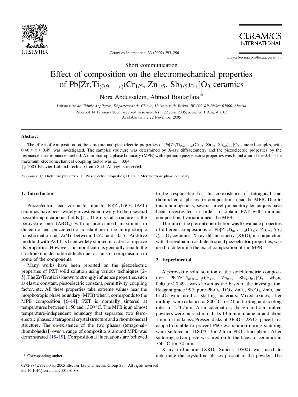 Effect of composition on the electromechanical properties of Pb[ZrxTi(0.9 − x)(Cr1/5, Zn1/5, Sb3/5)0.1]O3 ceramics
