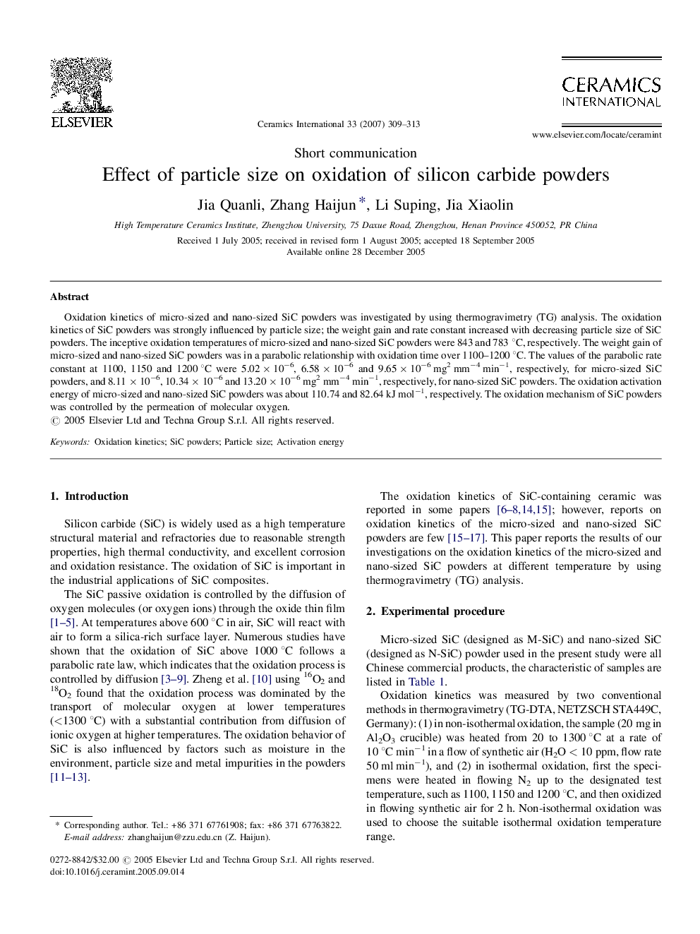 Effect of particle size on oxidation of silicon carbide powders