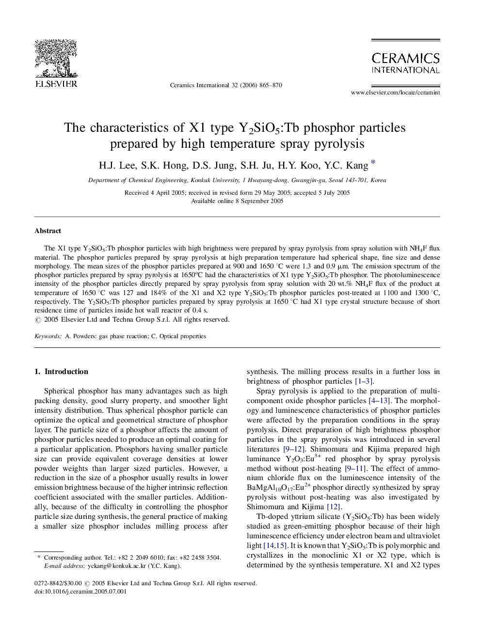 The characteristics of X1 type Y2SiO5:Tb phosphor particles prepared by high temperature spray pyrolysis