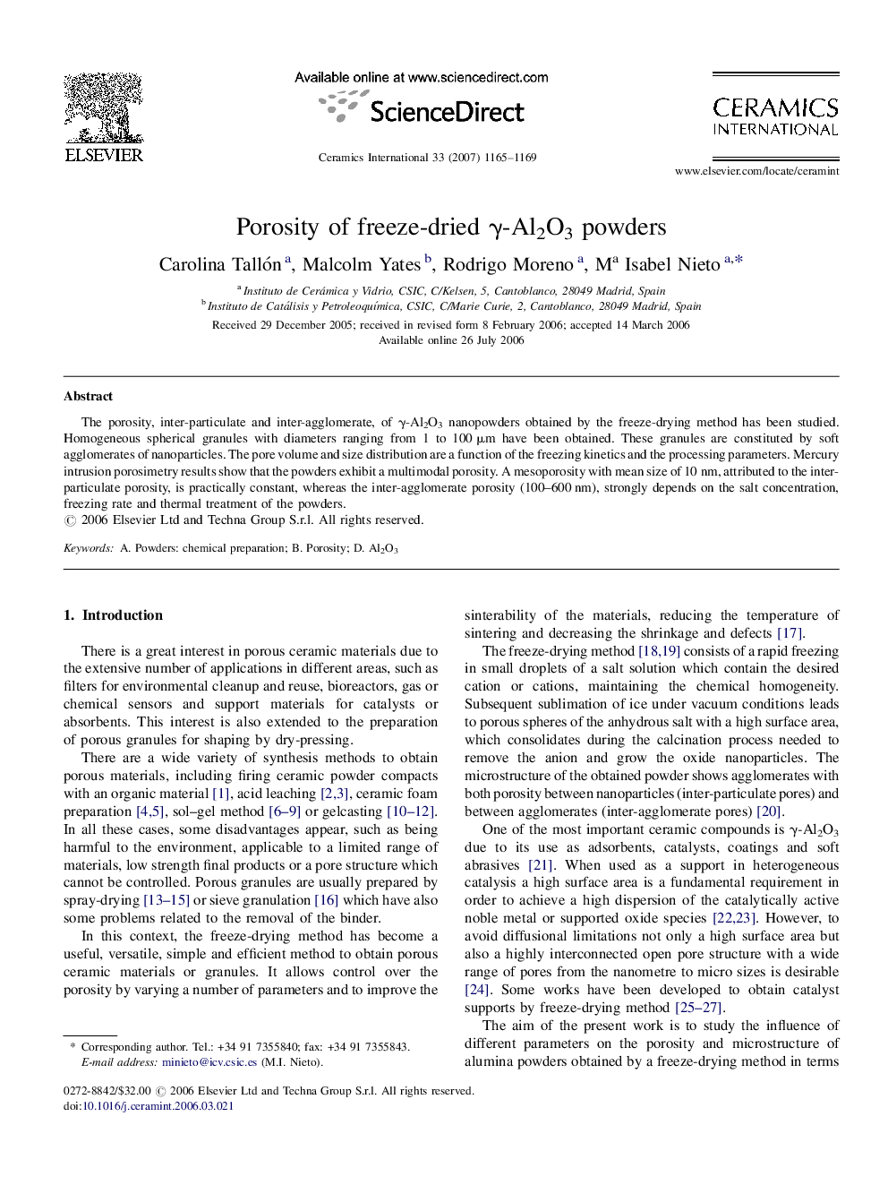 Porosity of freeze-dried γ-Al2O3 powders