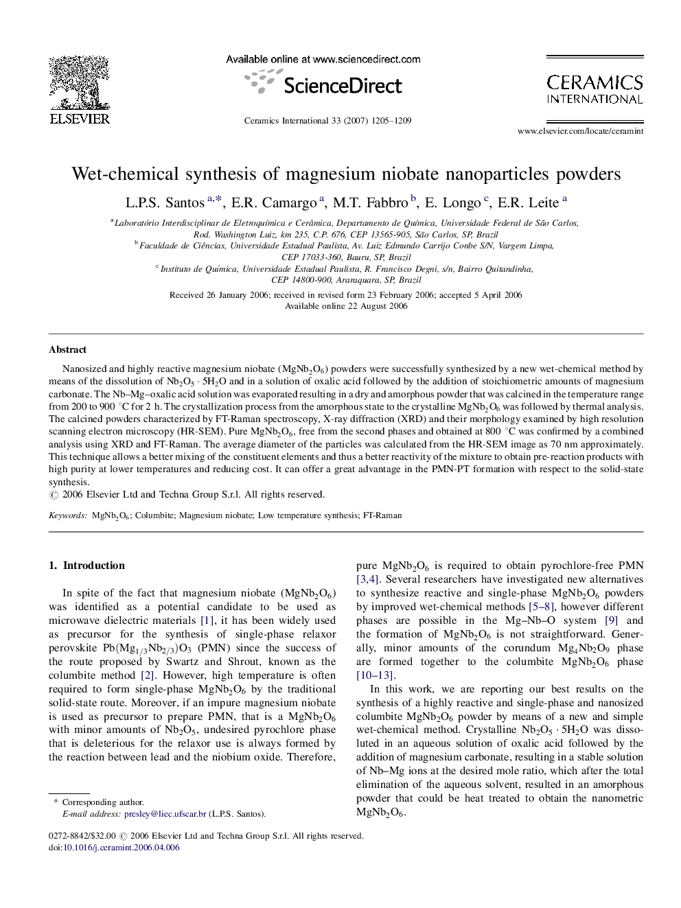 Wet-chemical synthesis of magnesium niobate nanoparticles powders