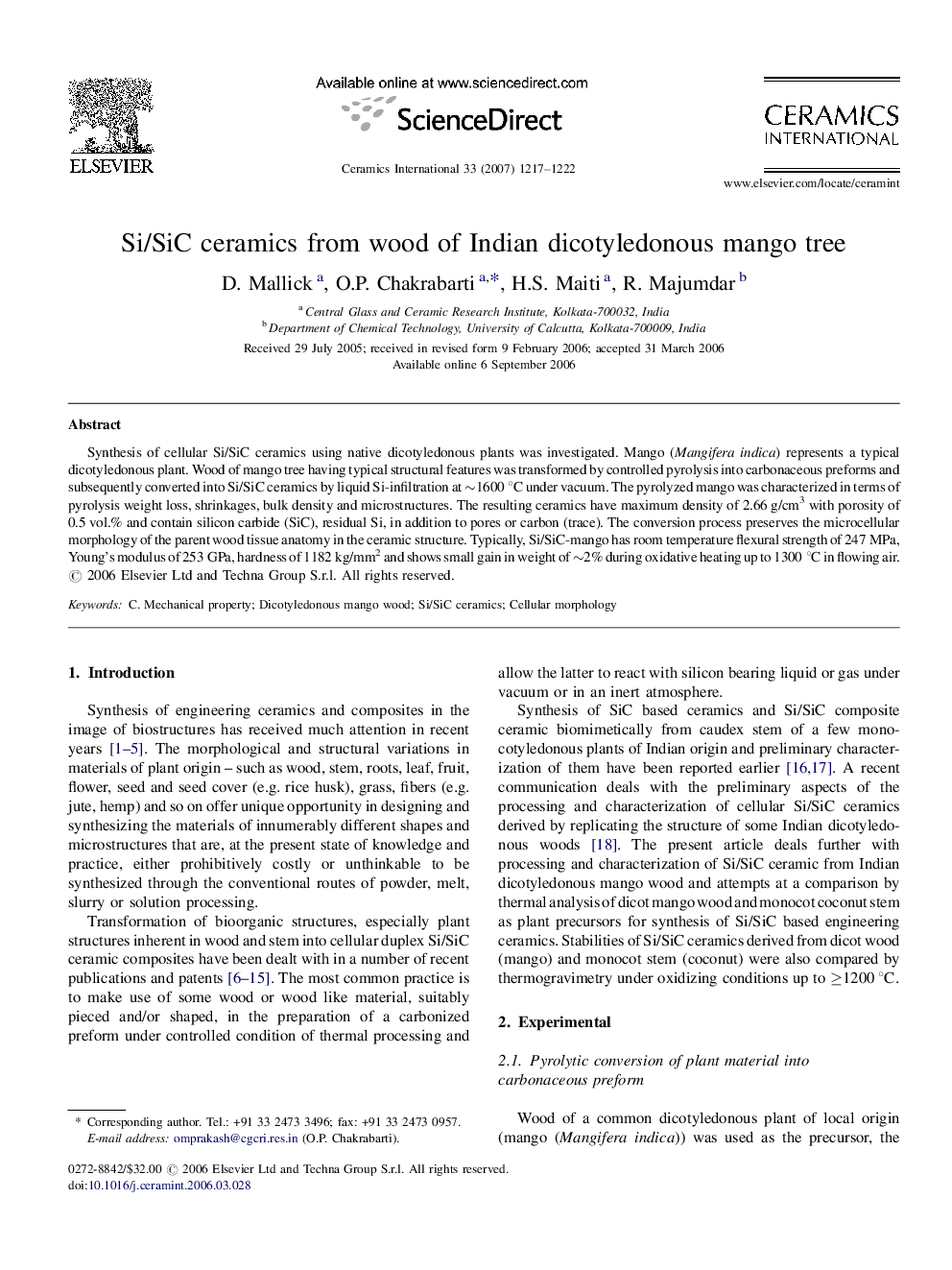 Si/SiC ceramics from wood of Indian dicotyledonous mango tree