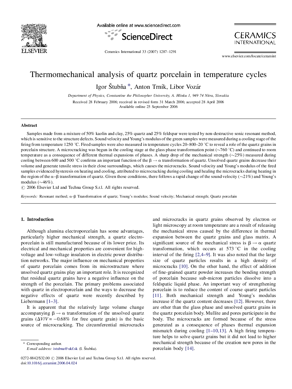 عکس صفحه اول مقاله: Thermomechanical analysis of quartz porcelain in temperature cycles Thermomechanical analysis of quartz porcelain in temperature cycles