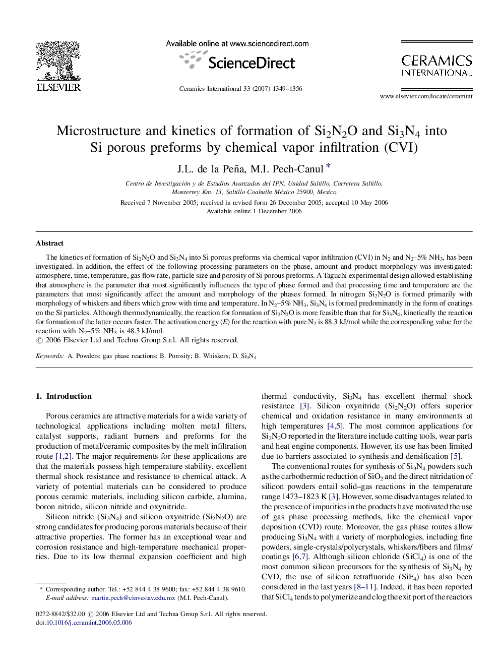 عکس صفحه اول مقاله: Microstructure and kinetics of formation of Si2N2O and Si3N4 into Si porous preforms by chemical vapor infiltration (CVI) Microstructure and kinetics of formation of Si2N2O and Si3N4 into Si porous preforms by chemical vapor infiltration (CVI)