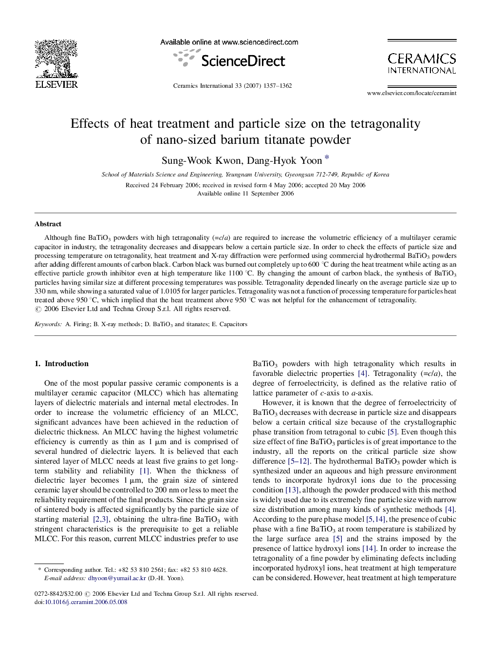 عکس صفحه اول مقاله: Effects of heat treatment and particle size on the tetragonality of nano-sized barium titanate powder Effects of heat treatment and particle size on the tetragonality of nano-sized barium titanate powder