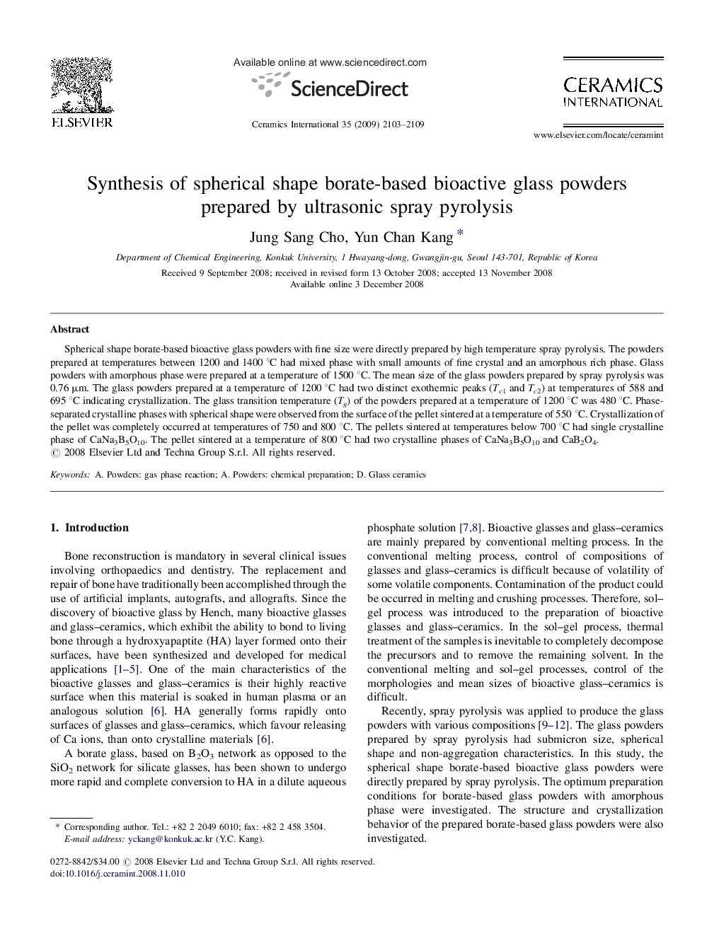 Synthesis of spherical shape borate-based bioactive glass powders prepared by ultrasonic spray pyrolysis