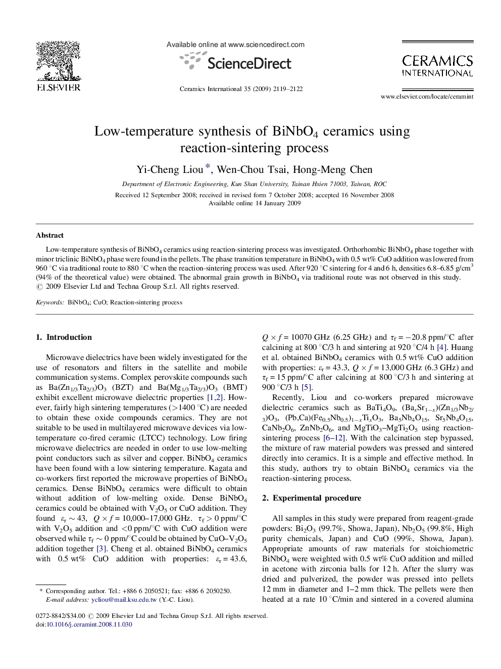 Low-temperature synthesis of BiNbO4 ceramics using reaction-sintering process