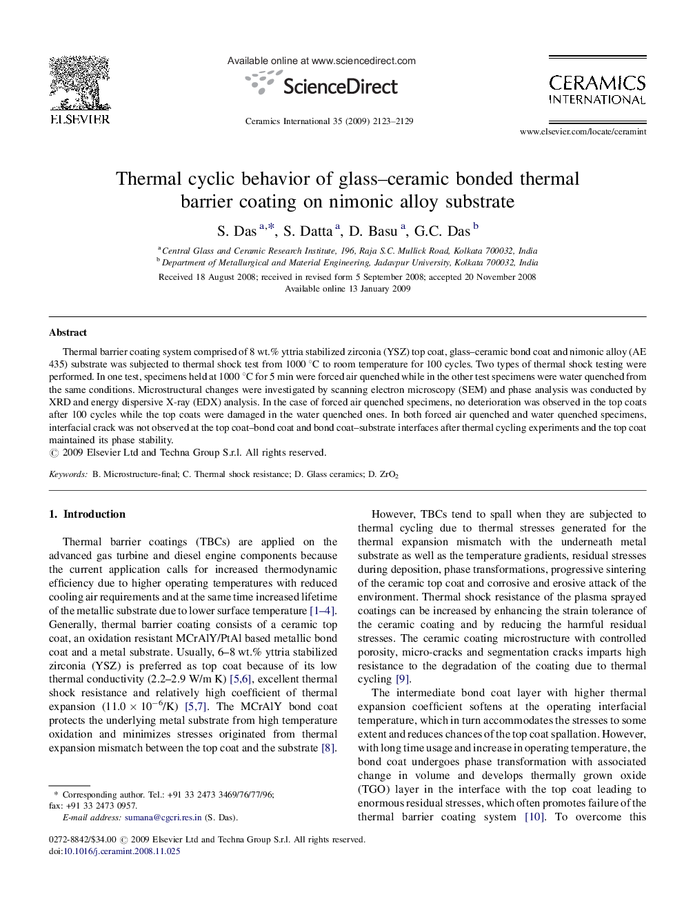 Thermal cyclic behavior of glass–ceramic bonded thermal barrier coating on nimonic alloy substrate