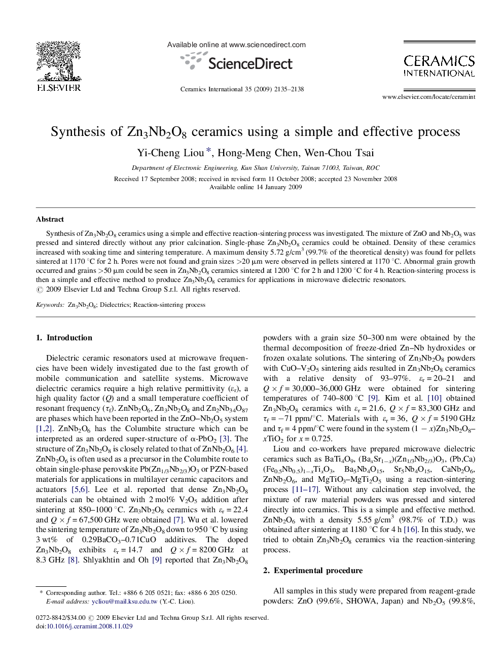 Synthesis of Zn3Nb2O8 ceramics using a simple and effective process