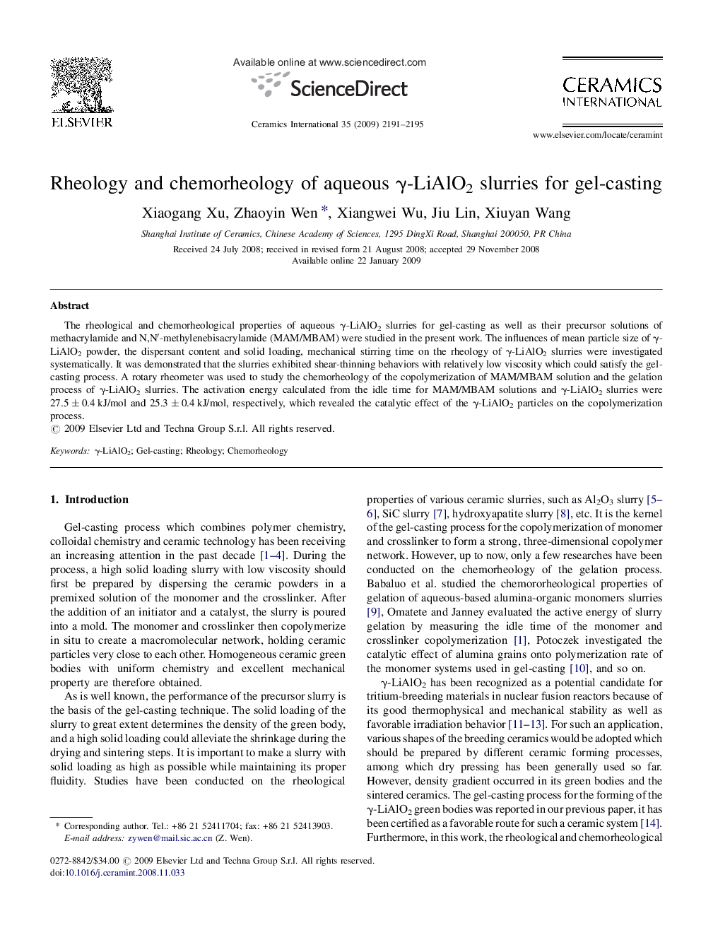عکس صفحه اول مقاله: Rheology and chemorheology of aqueous γ-LiAlO2 slurries for gel-casting Rheology and chemorheology of aqueous γ-LiAlO2 slurries for gel-casting