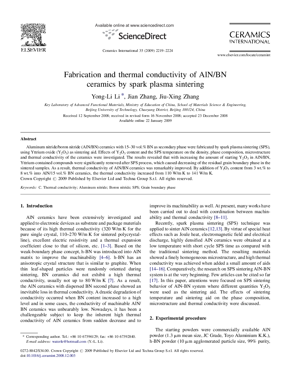 Fabrication and thermal conductivity of AlN/BN ceramics by spark plasma sintering