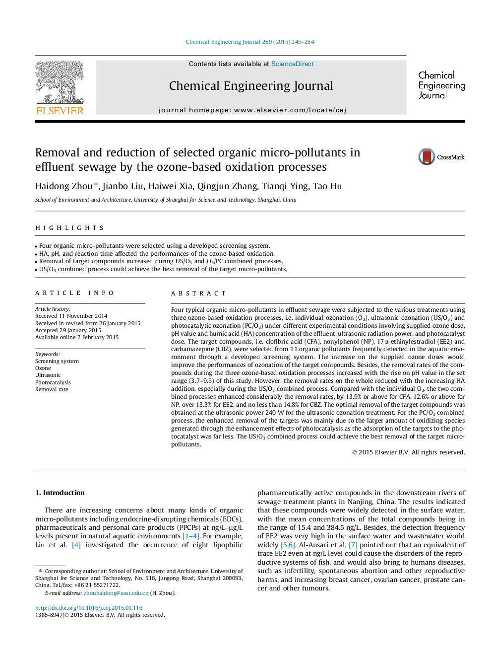 Removal and reduction of selected organic micro-pollutants in effluent sewage by the ozone-based oxidation processes