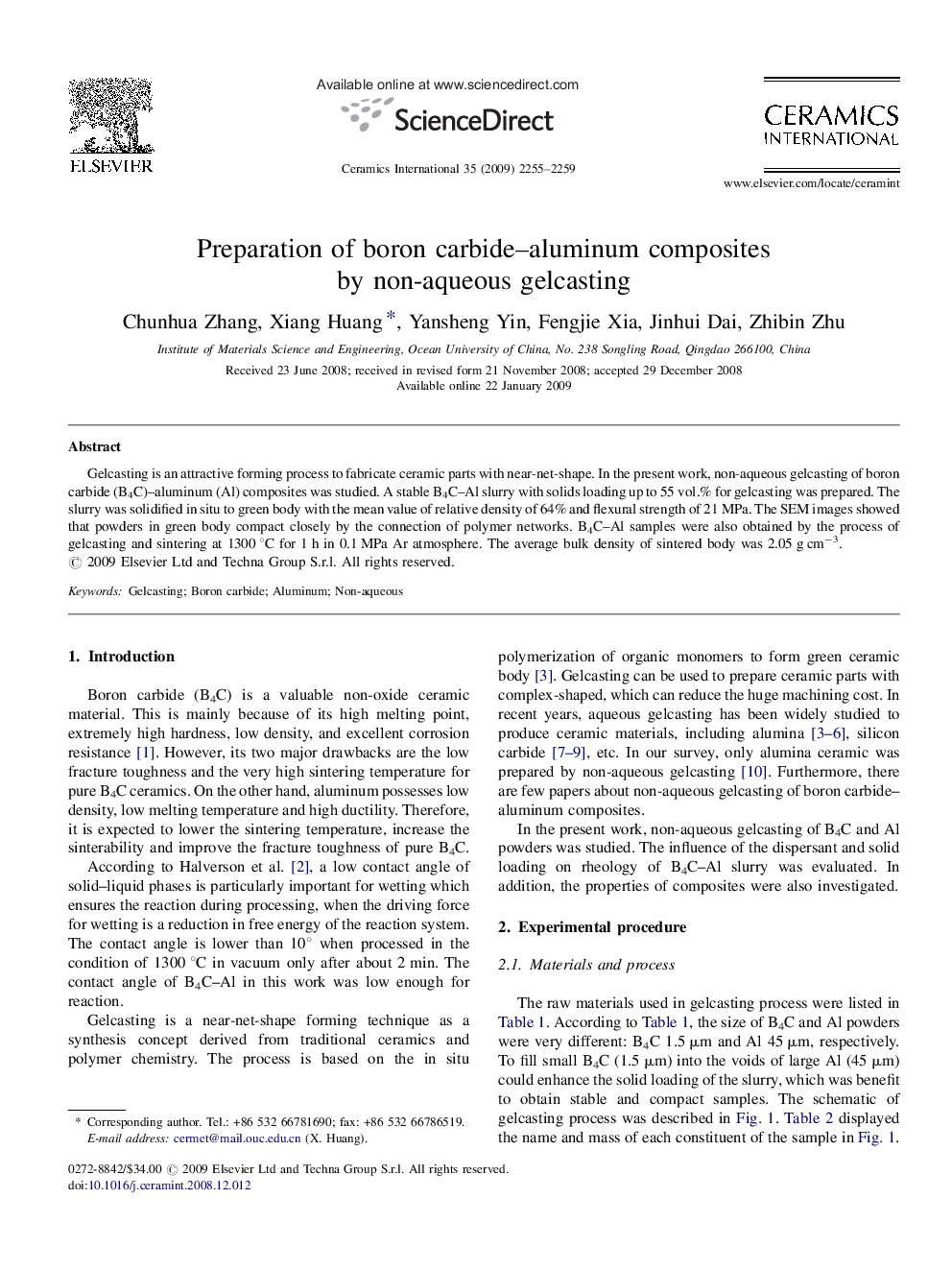 عکس صفحه اول مقاله: Preparation of boron carbide–aluminum composites by non-aqueous gelcasting Preparation of boron carbide–aluminum composites by non-aqueous gelcasting