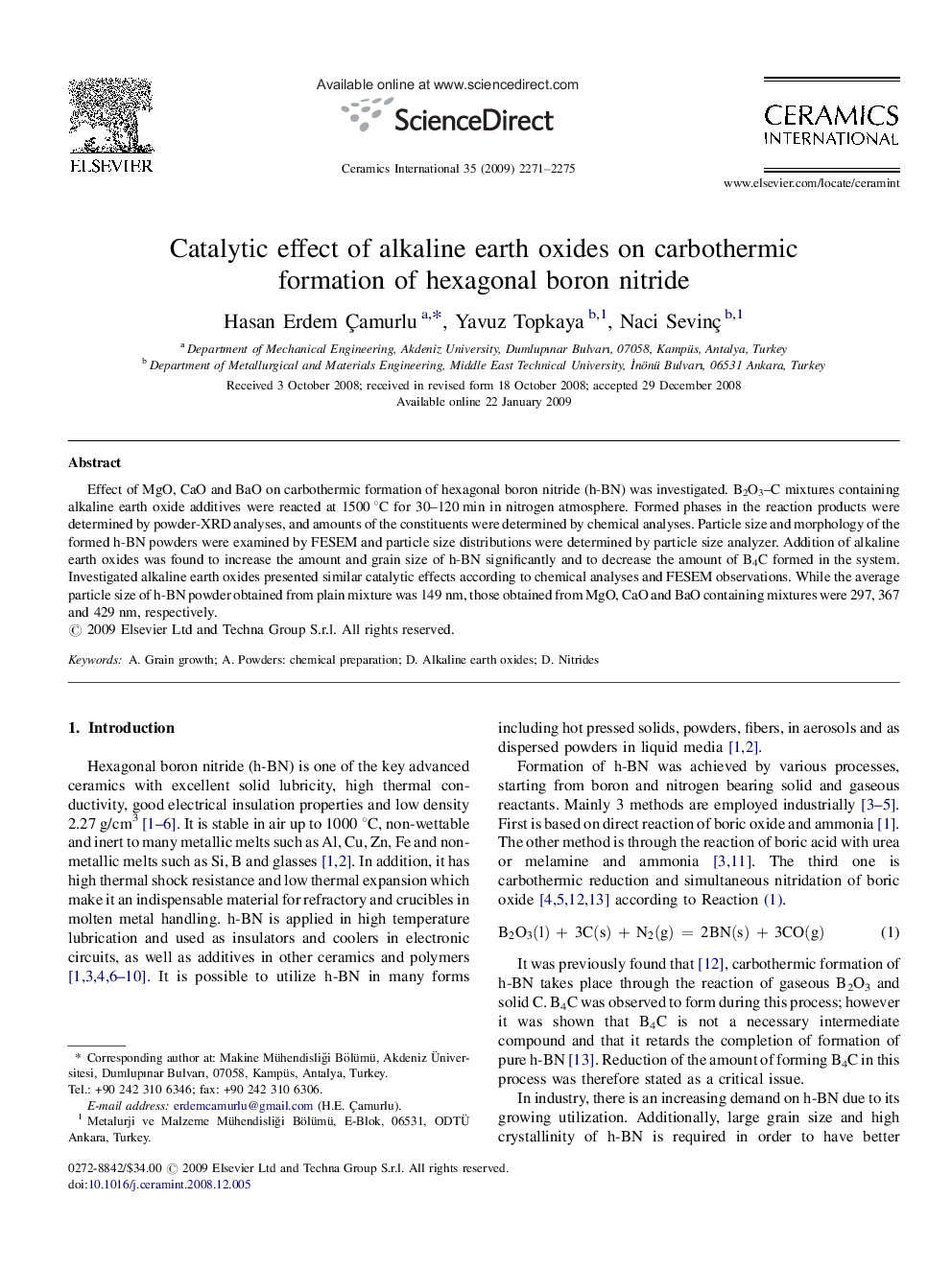 Catalytic effect of alkaline earth oxides on carbothermic formation of hexagonal boron nitride