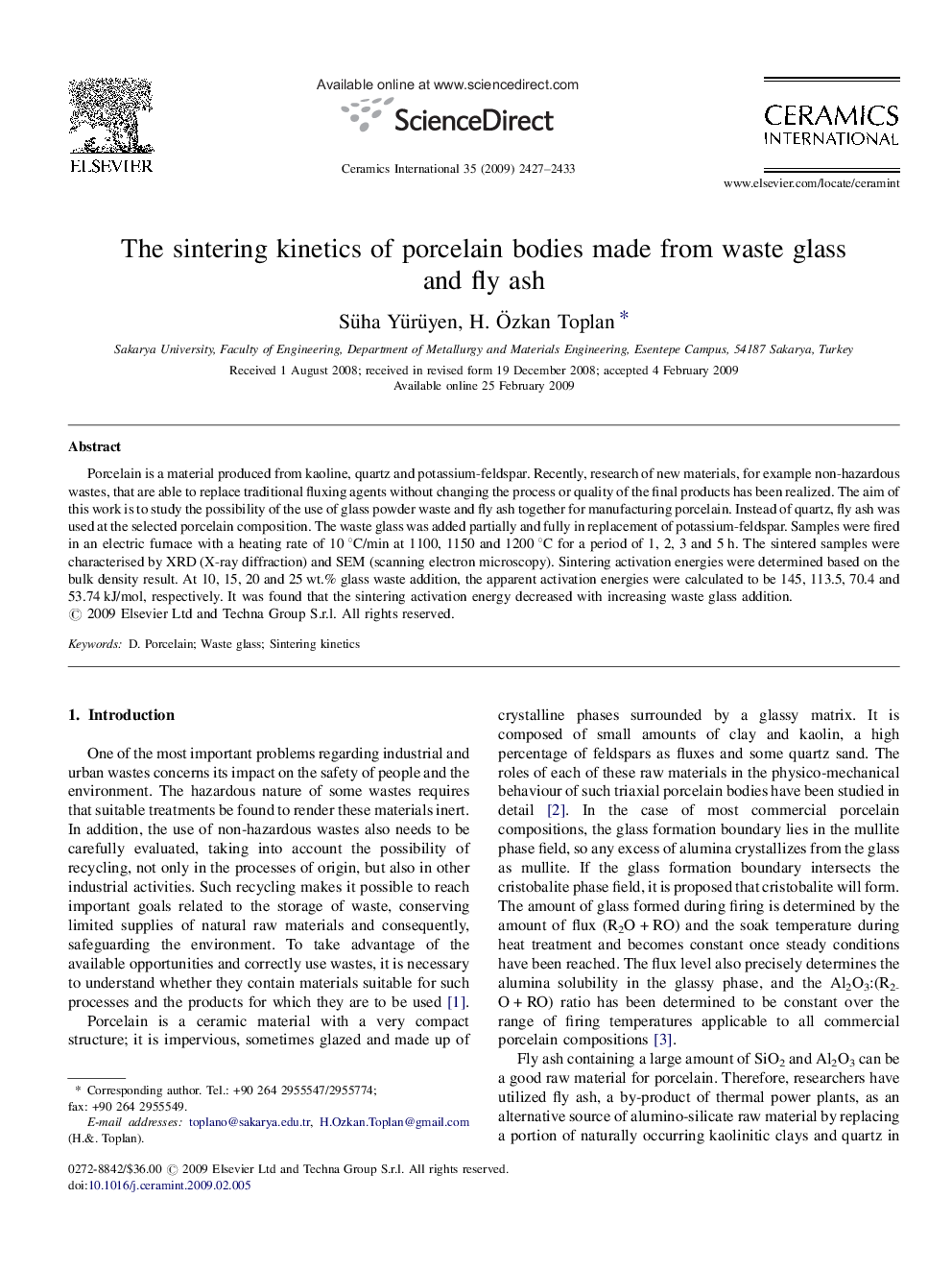 The sintering kinetics of porcelain bodies made from waste glass and fly ash