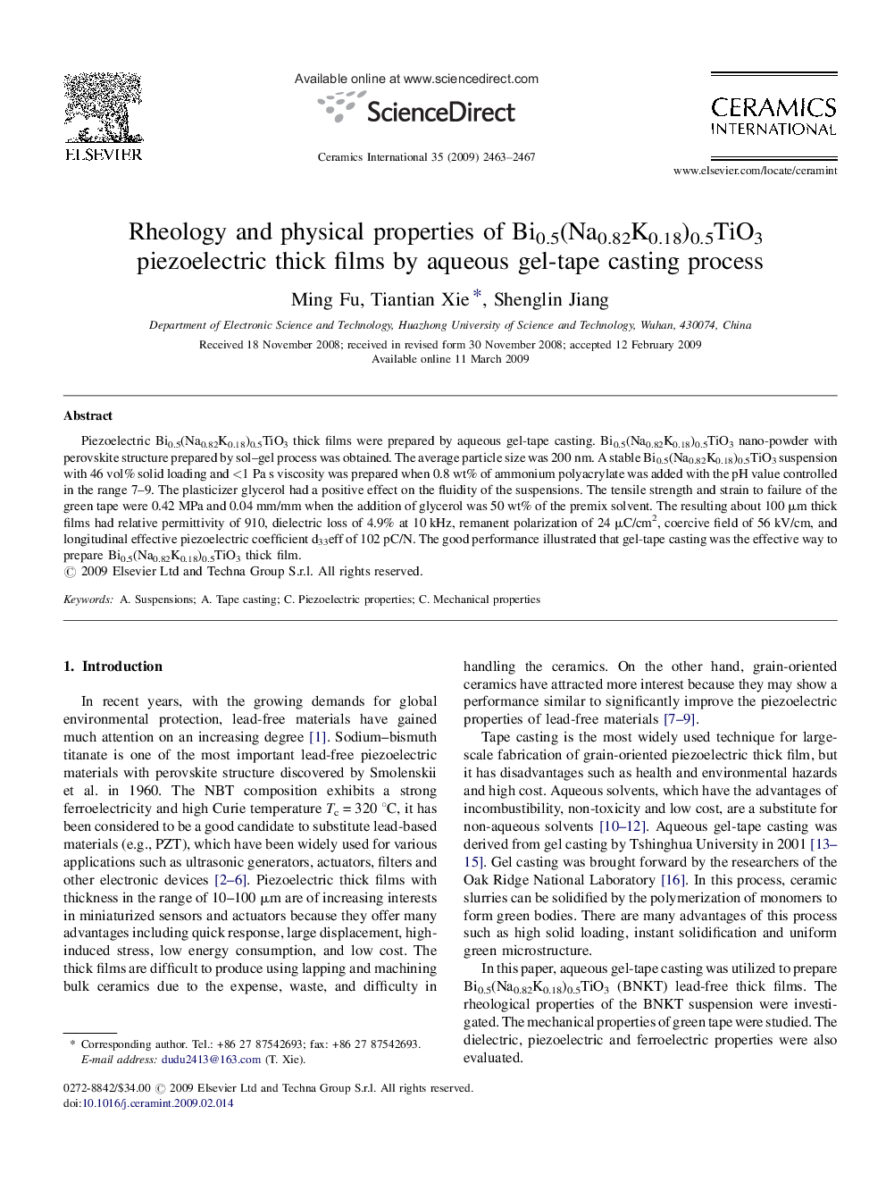 Rheology and physical properties of Bi0.5(Na0.82K0.18)0.5TiO3 piezoelectric thick films by aqueous gel-tape casting process