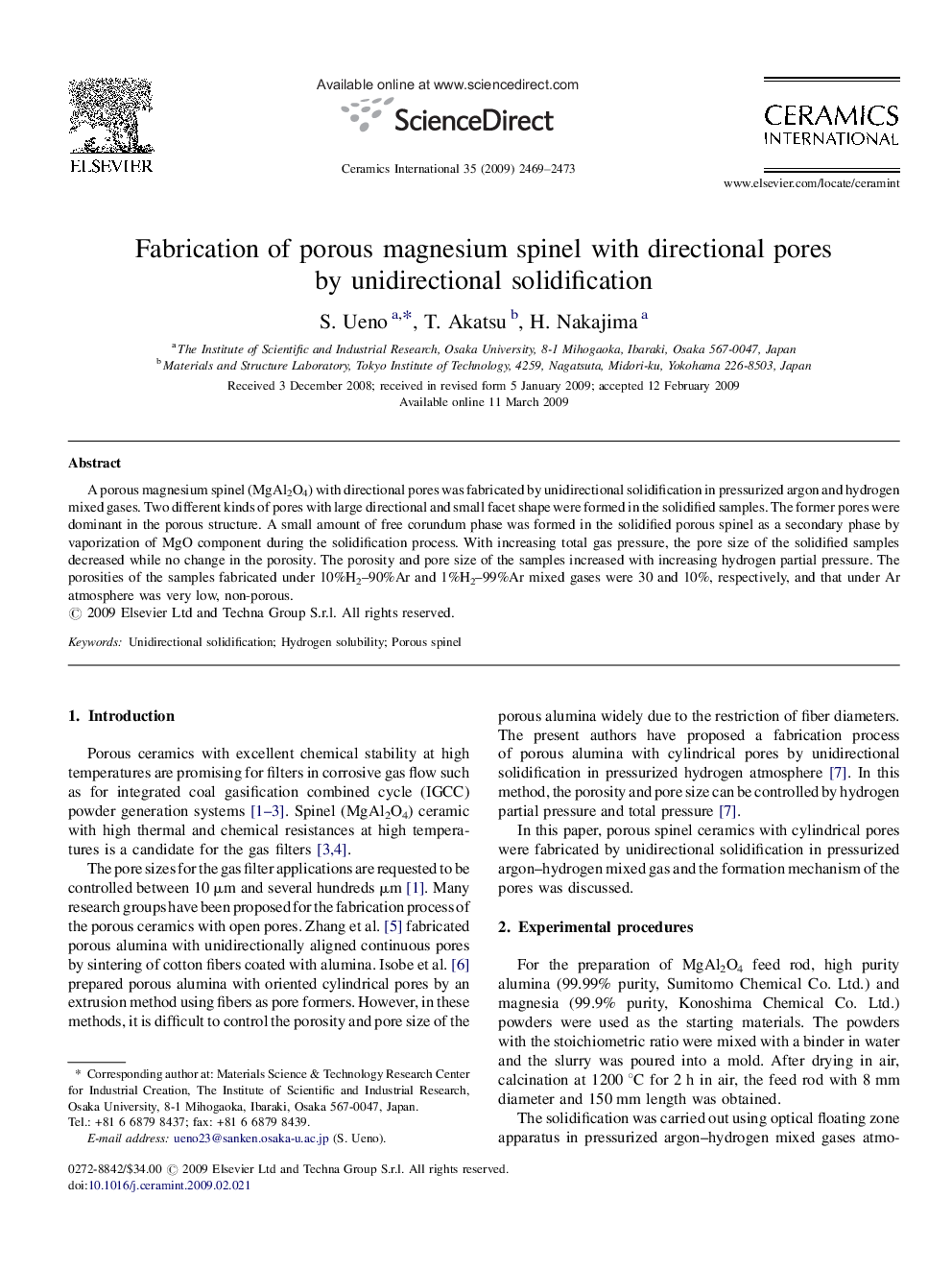 Fabrication of porous magnesium spinel with directional pores by unidirectional solidification