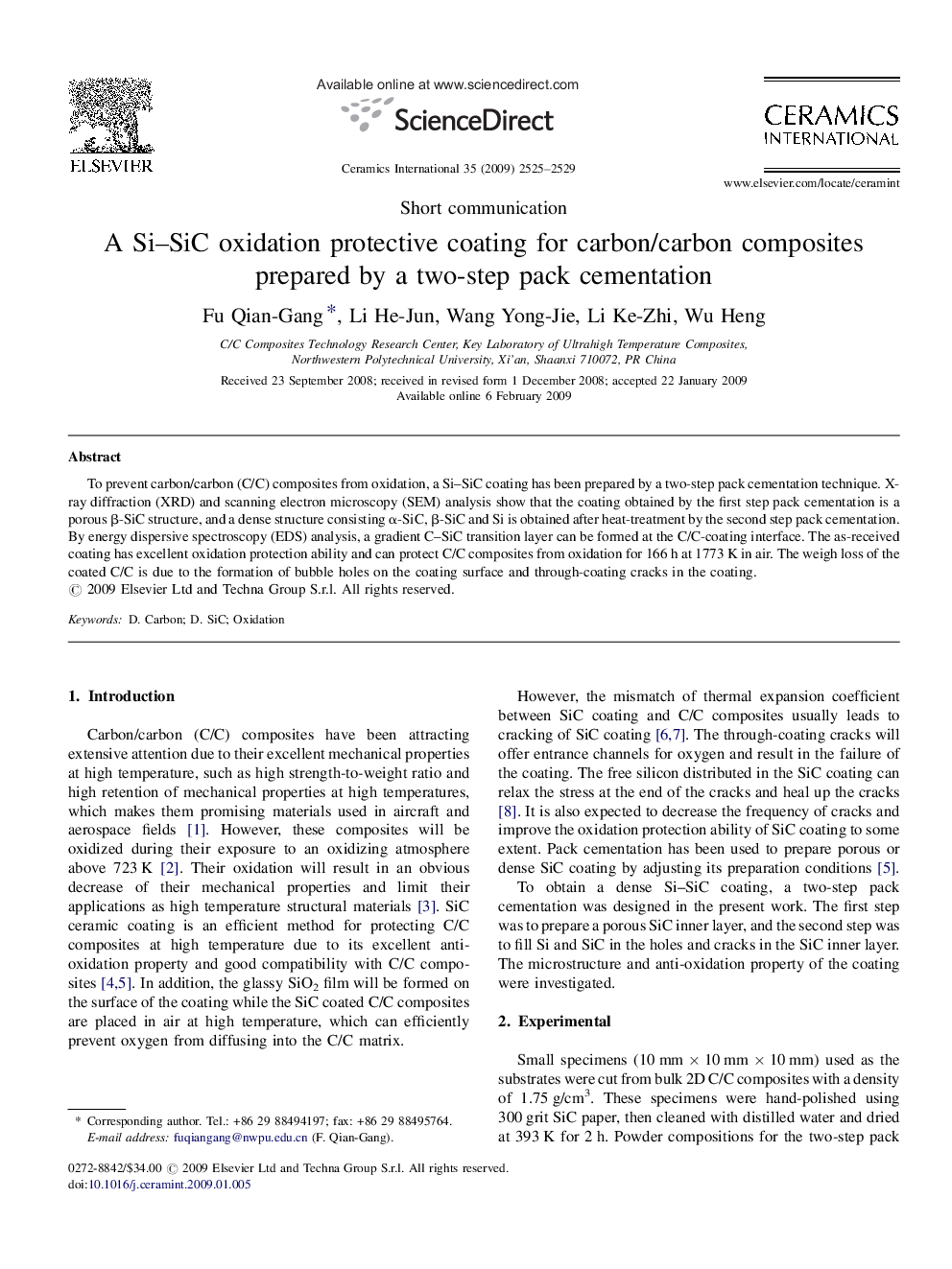 A Si–SiC oxidation protective coating for carbon/carbon composites prepared by a two-step pack cementation