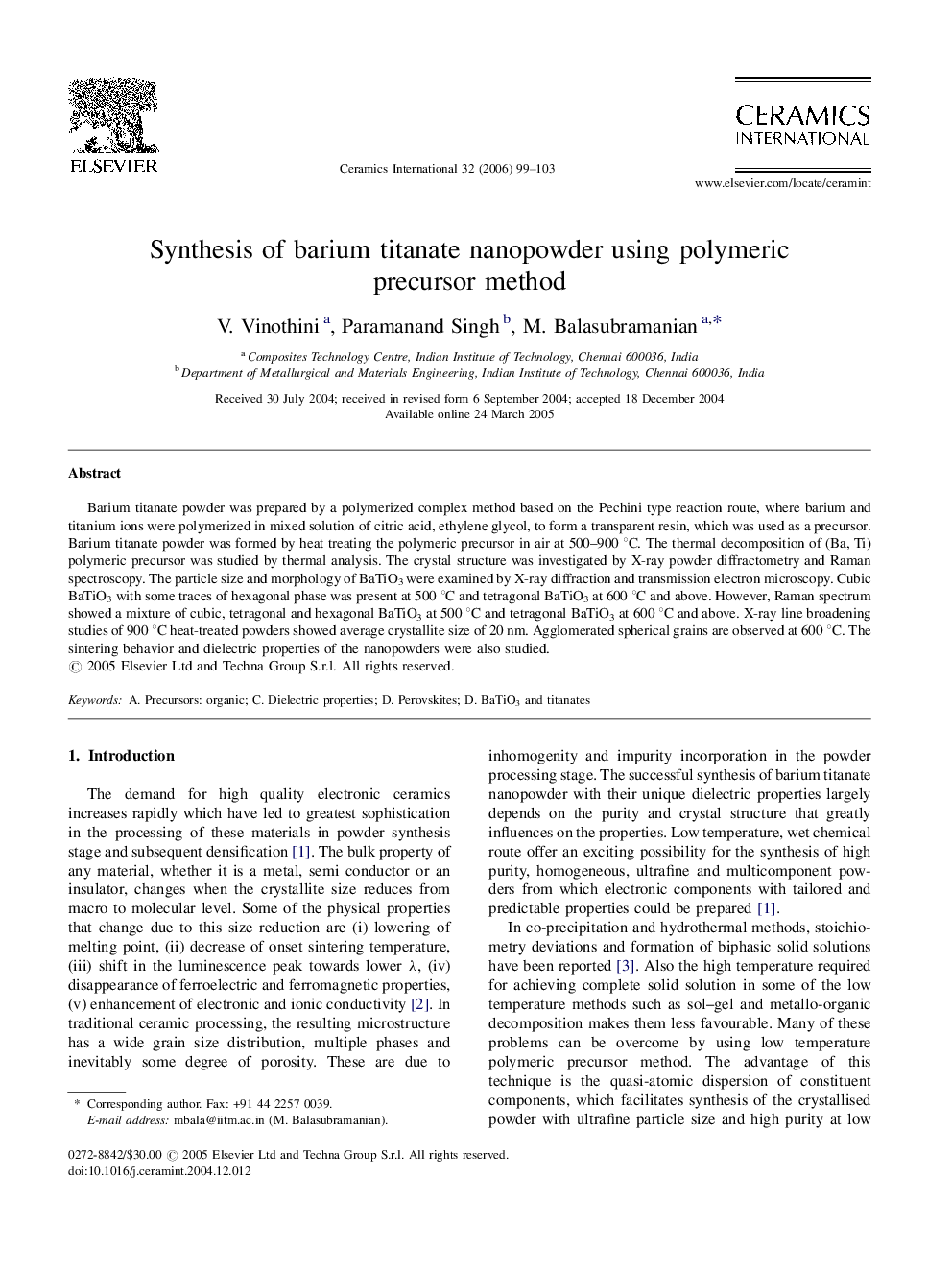 Synthesis of barium titanate nanopowder using polymeric precursor method