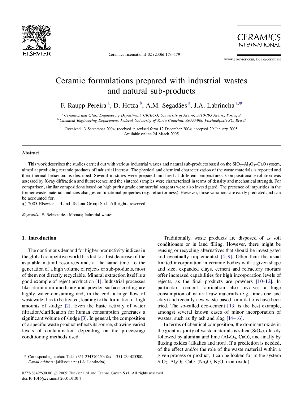 Ceramic formulations prepared with industrial wastes and natural sub-products