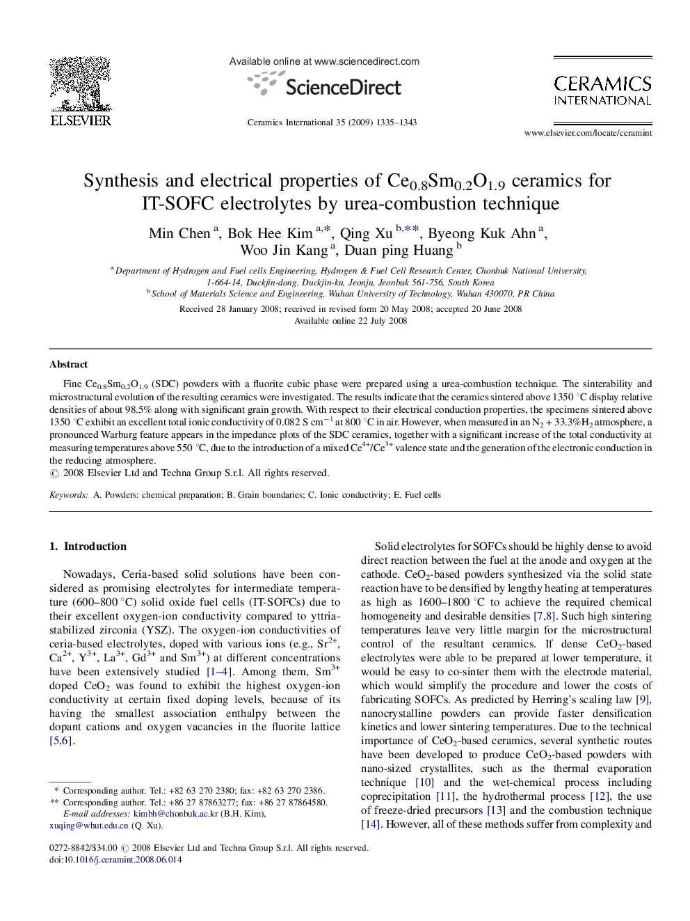 Synthesis and electrical properties of Ce0.8Sm0.2O1.9 ceramics for IT-SOFC electrolytes by urea-combustion technique