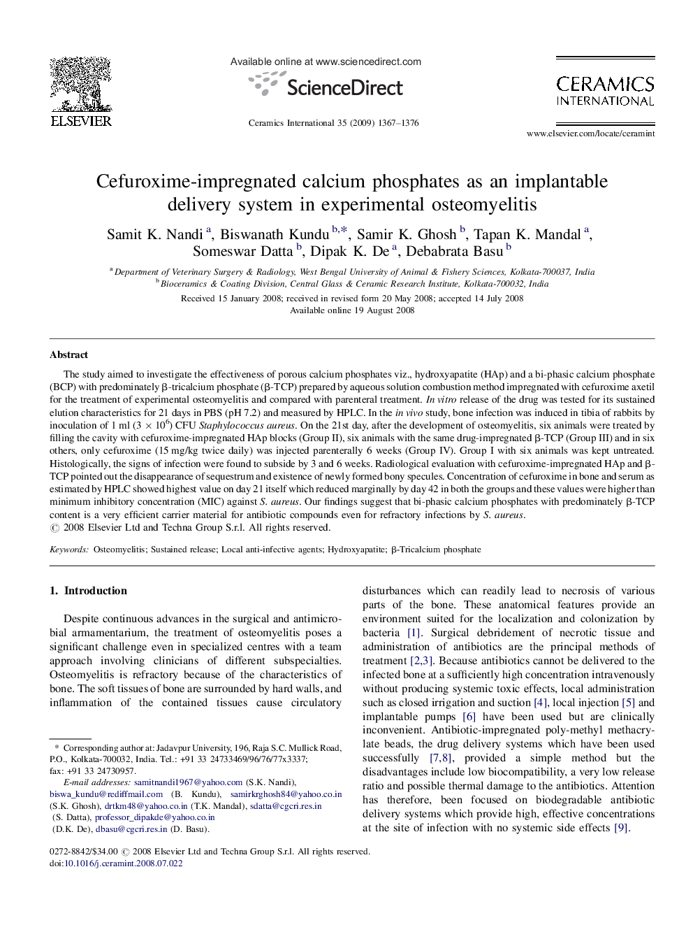 عکس صفحه اول مقاله: Cefuroxime-impregnated calcium phosphates as an implantable delivery system in experimental osteomyelitis Cefuroxime-impregnated calcium phosphates as an implantable delivery system in experimental osteomyelitis