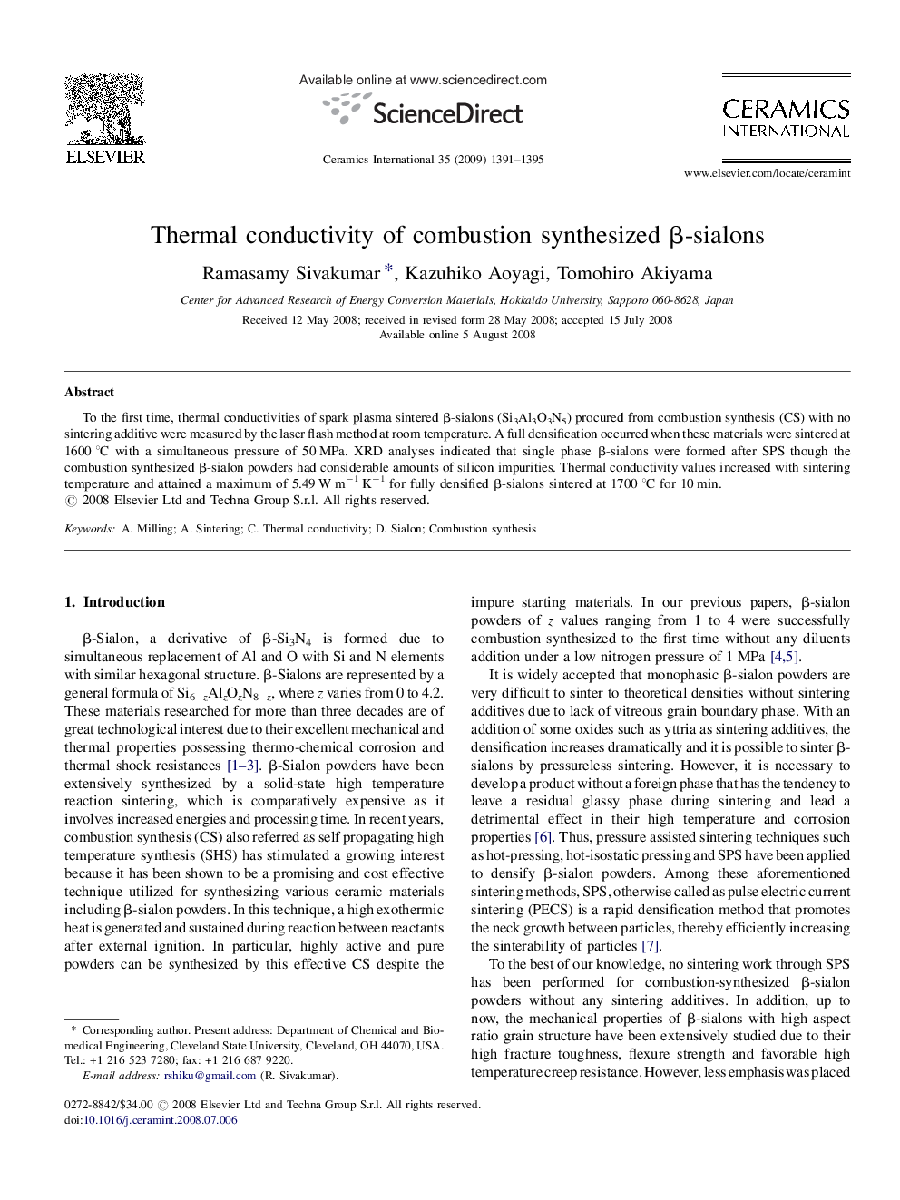 Thermal conductivity of combustion synthesized β-sialons