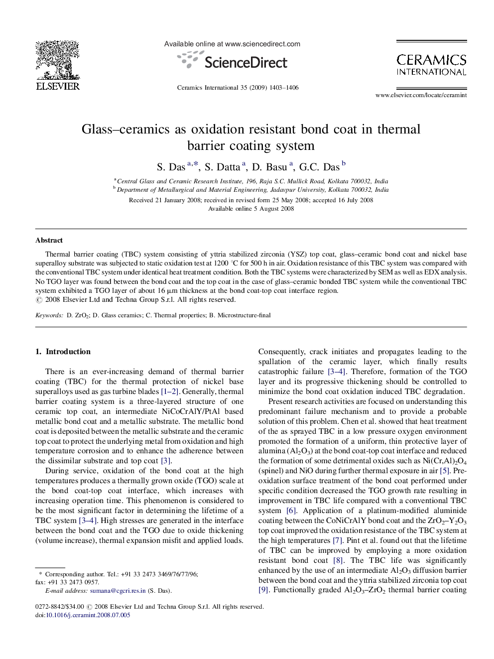 Glass–ceramics as oxidation resistant bond coat in thermal barrier coating system