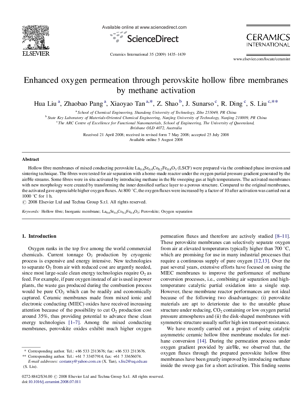 Enhanced oxygen permeation through perovskite hollow fibre membranes by methane activation