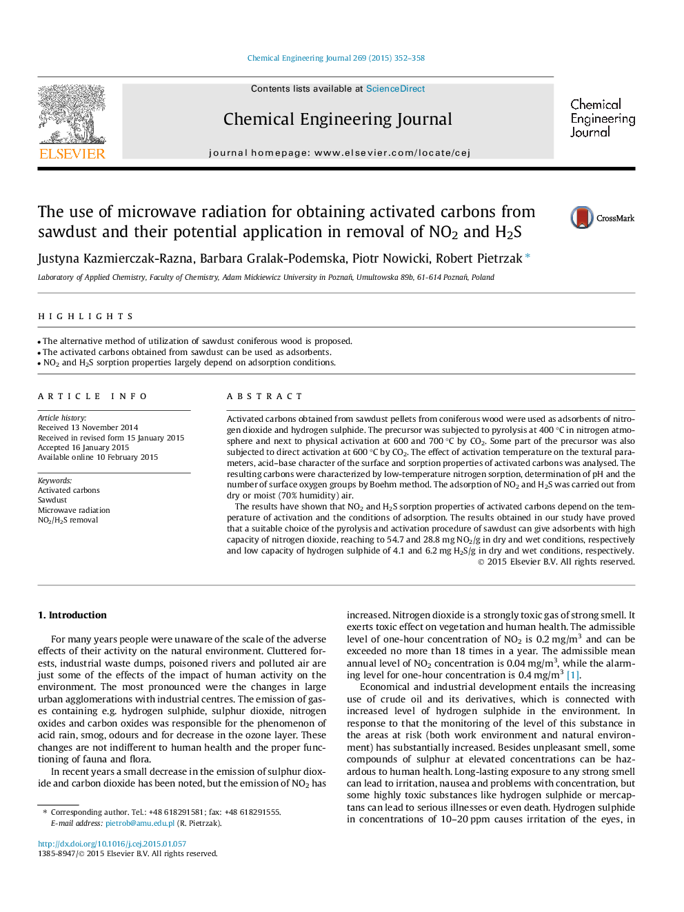 The use of microwave radiation for obtaining activated carbons from sawdust and their potential application in removal of NO2 and H2S