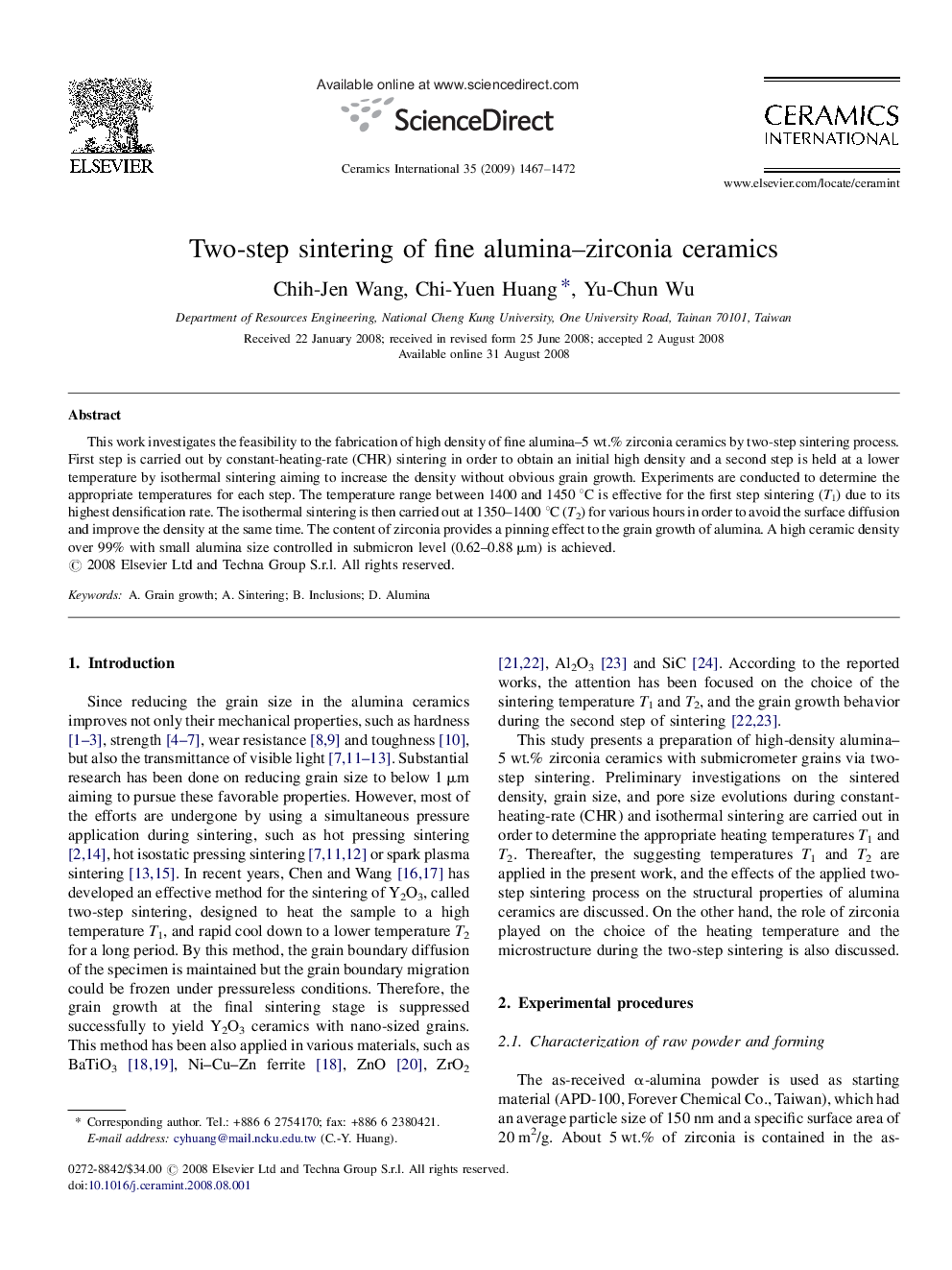 Two-step sintering of fine alumina–zirconia ceramics