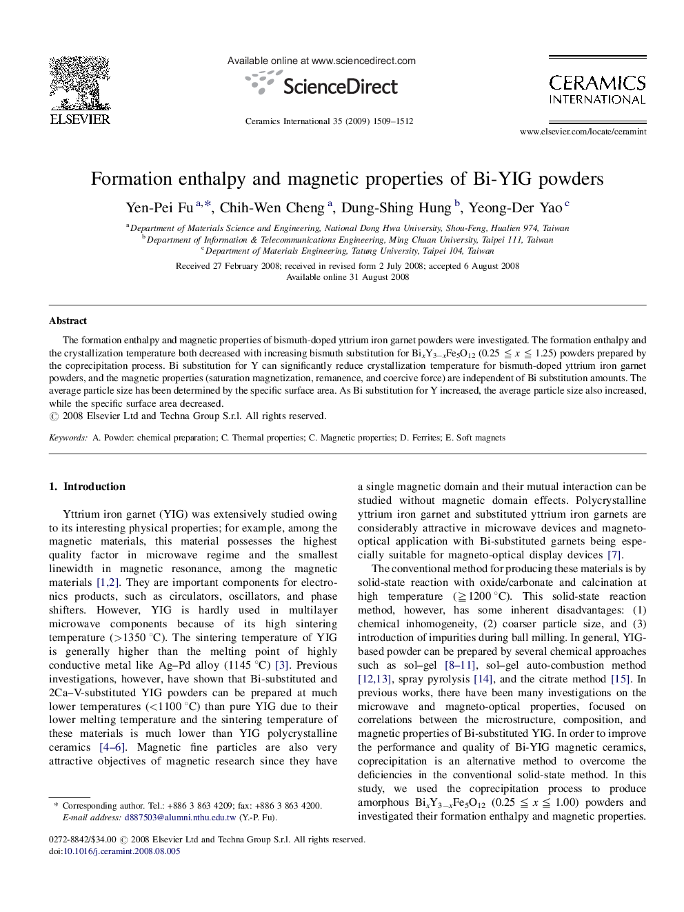 Formation enthalpy and magnetic properties of Bi-YIG powders