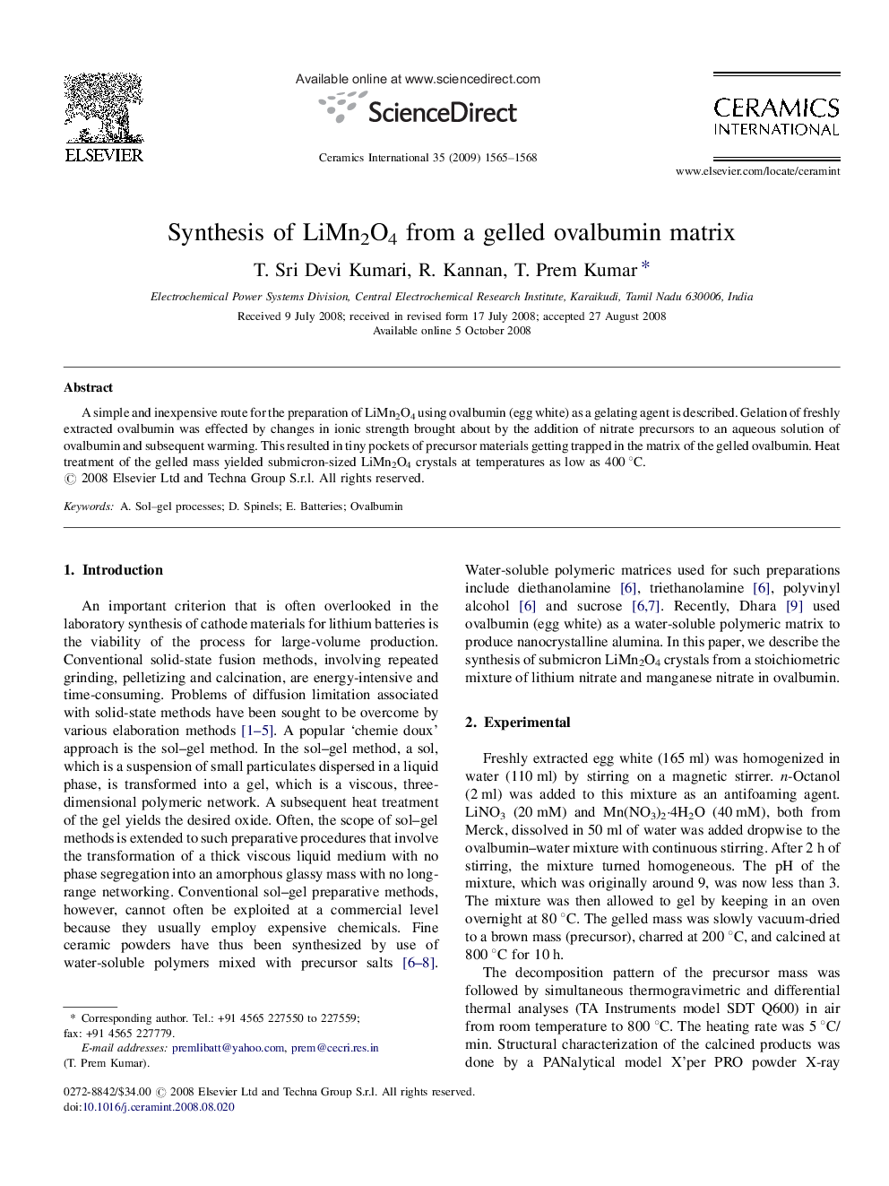 Synthesis of LiMn2O4 from a gelled ovalbumin matrix