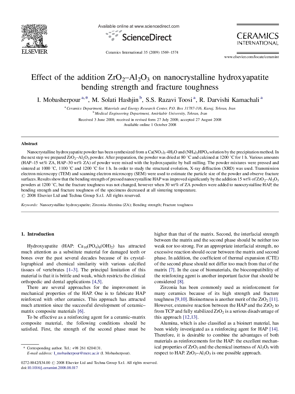 Effect of the addition ZrO2–Al2O3 on nanocrystalline hydroxyapatite bending strength and fracture toughness