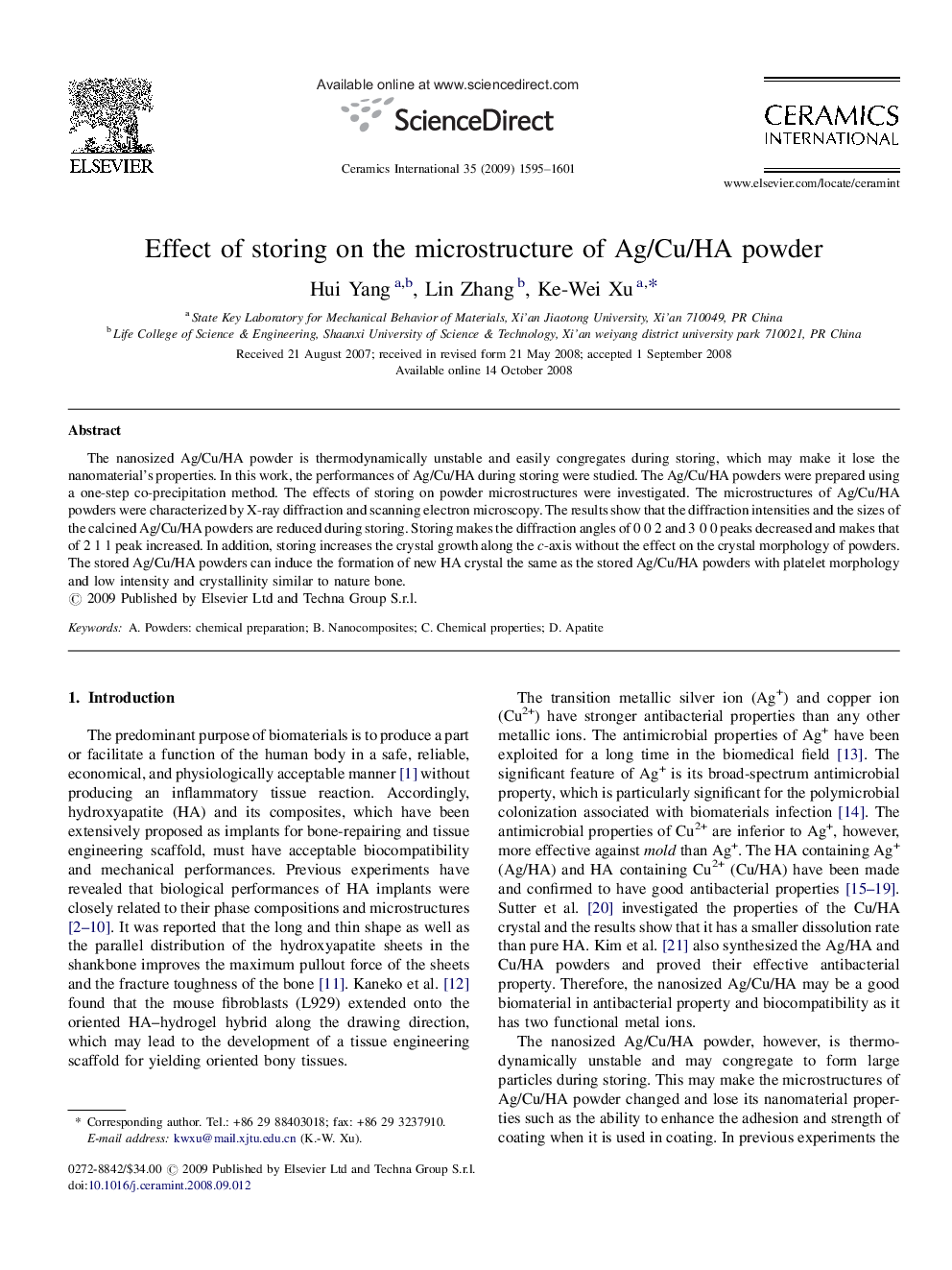 Effect of storing on the microstructure of Ag/Cu/HA powder