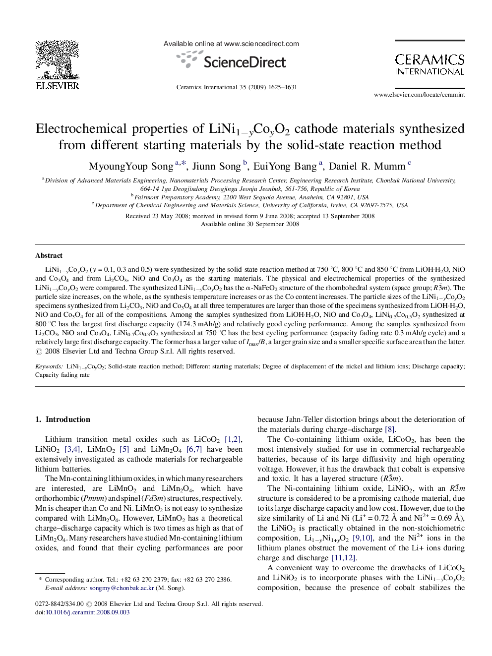 Electrochemical properties of LiNi1−yCoyO2 cathode materials synthesized from different starting materials by the solid-state reaction method