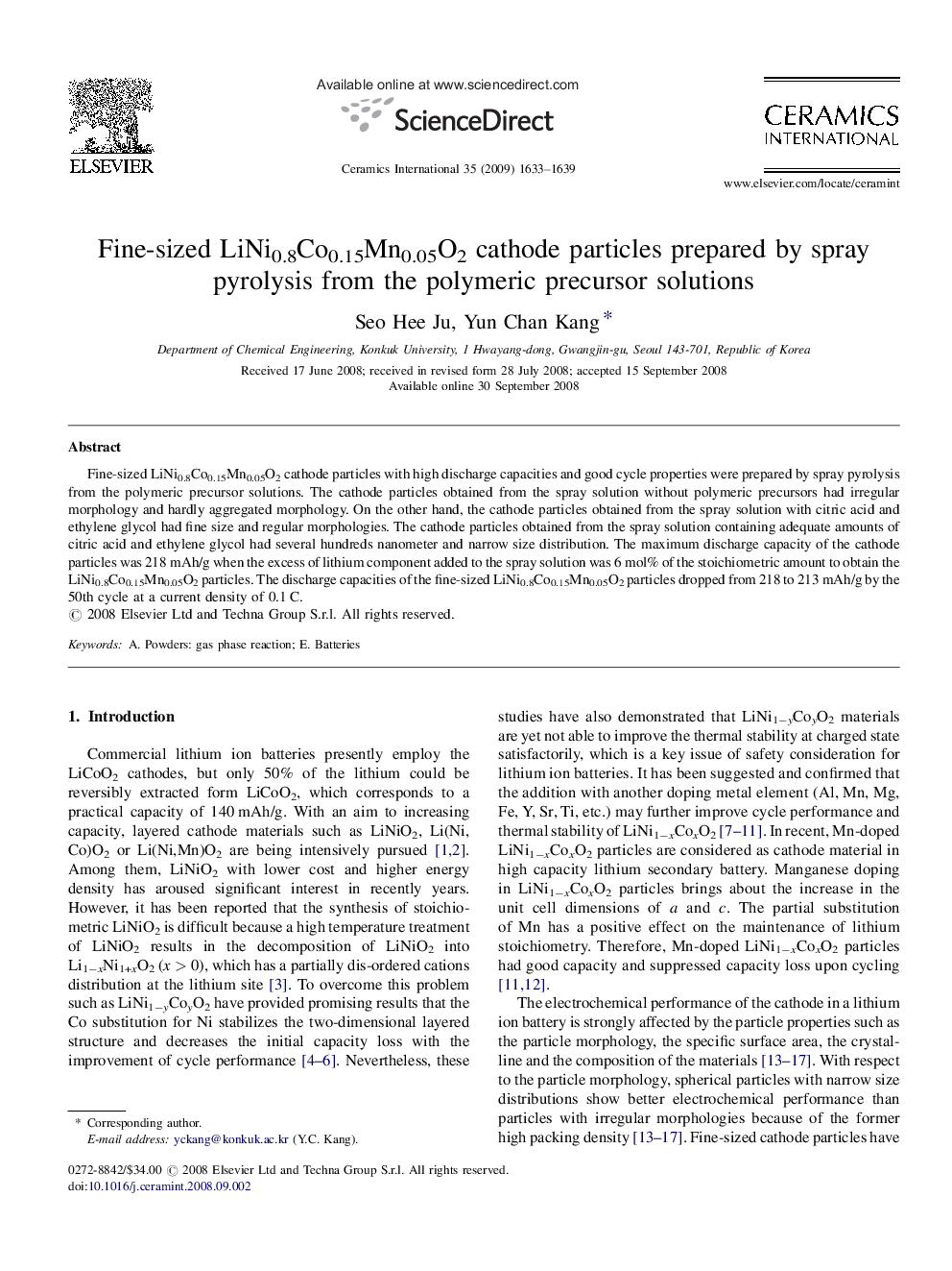 Fine-sized LiNi0.8Co0.15Mn0.05O2 cathode particles prepared by spray pyrolysis from the polymeric precursor solutions